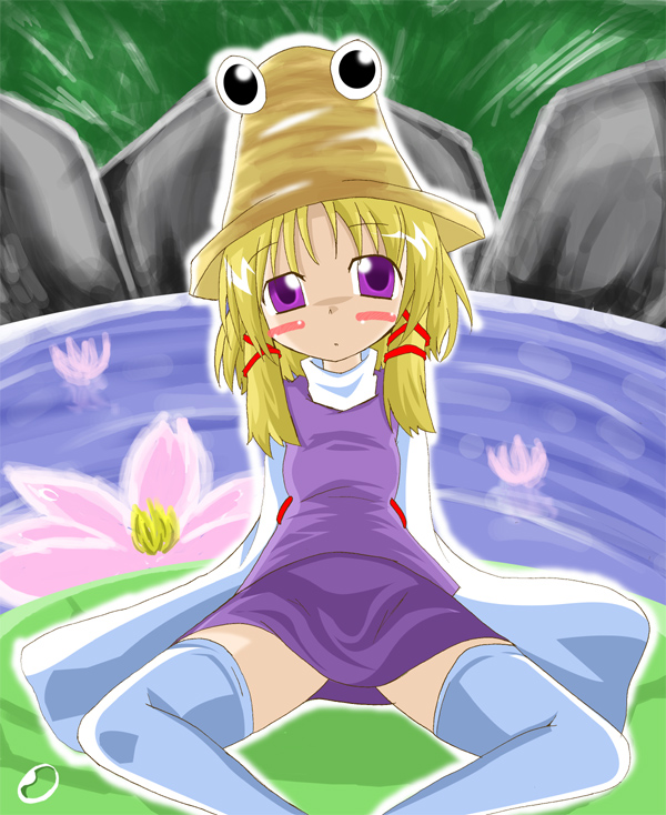 com (chocolate blossom), moriya suwako, touhou, bad id, bad pixiv id, 1girl, blonde hair, female focus, hat, lily pad, purple eyes, solo, thighhighs, water