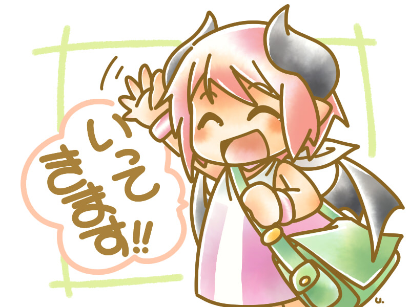 u (usaceleb), lilim (waguruma!), waguruma!, commentary request, translation request, 1girl, arm up, bag, blush, closed eyes, demon girl, demon wings, dress, horns, open mouth, pink hair, pointy ears, sheep horns, short hair, shoulder bag, sleeveless, sleeveless dress, smile, solo, waving, wings, wristband