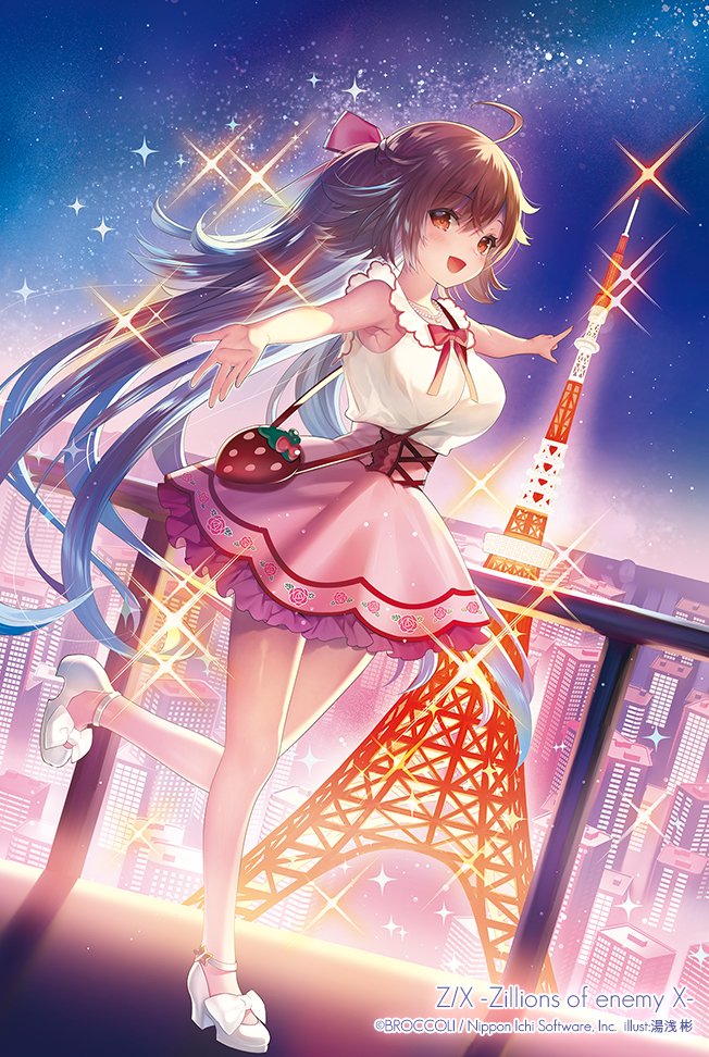 yuasa akira, z/x, official art, 1girl, ahoge, armpits, bag, bare shoulders, between breasts, bow, bowtie, breasts, brown eyes, brown hair, building, cityscape, copyright notice, dutch angle, footwear bow, frilled shirt, frilled skirt, frills, hair bow, handbag, high ponytail, long hair, looking at viewer, night, night sky, open mouth, outdoors, outstretched arms, pink skirt, pointing, pointing at object, ponytail, prism (z/x), red bow, red bowtie, rooftop, shirt, shoes, skirt, sky, sleeveless, sleeveless shirt, solo, sparkle, standing, standing on one leg, star (sky), strap between breasts, strawberry bag, tokyo tower, very long hair, white bow, white shirt, white shoes
