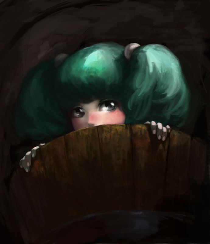 binayu, kisume, subterranean animism, touhou, 1girl, black background, bucket, dark, female focus, green hair, in bucket, in container, solo