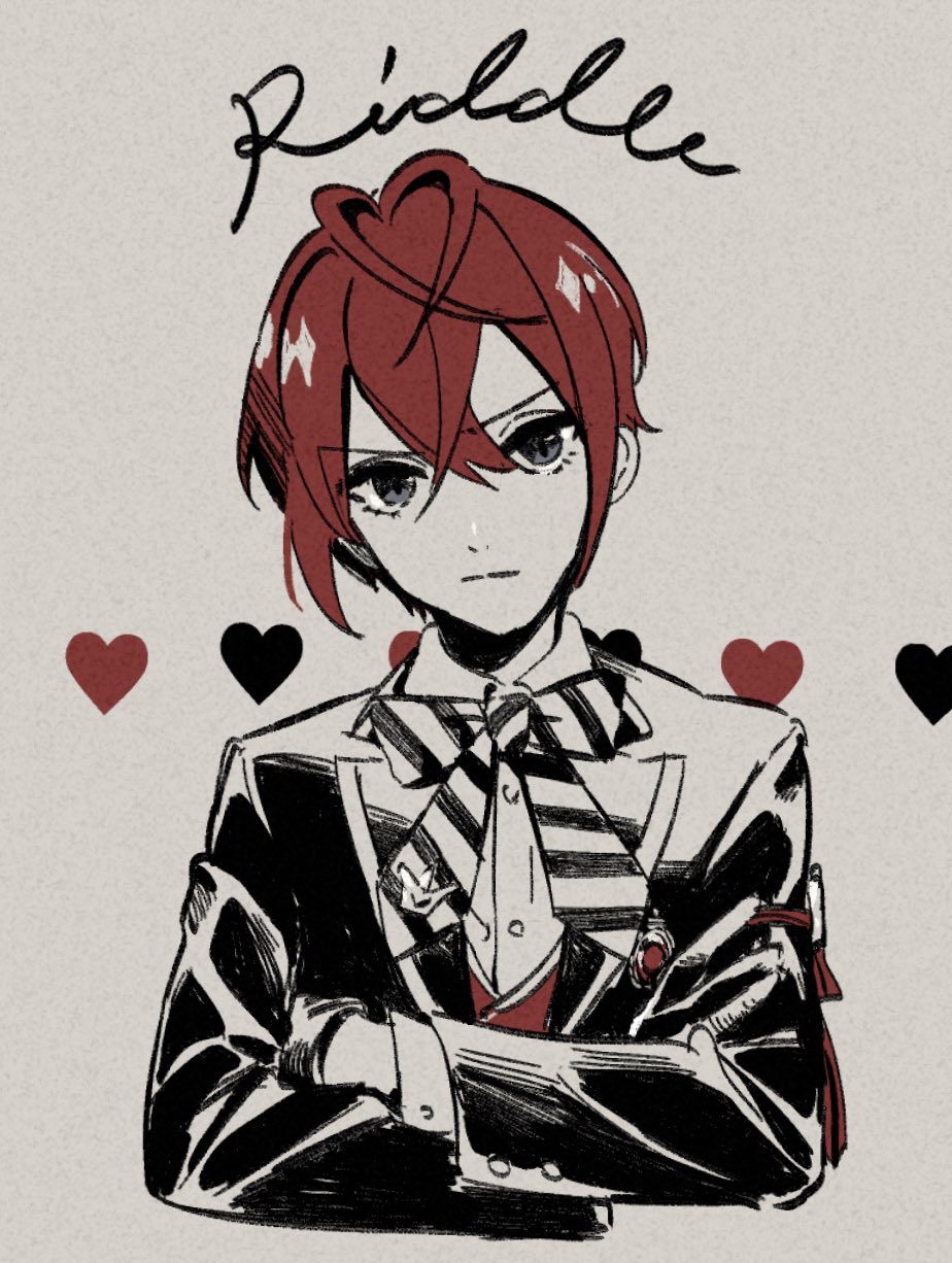 riddle rosehearts, twisted wonderland, highres, 1boy, black jacket, blue eyes, bow, character name, closed mouth, collared shirt, cropped torso, crossed arms, crossed bangs, hair between eyes, heart, jacket, long sleeves, looking at viewer, male focus, shaaark rotta03, shirt, short hair, simple background, solo, striped bow, upper body