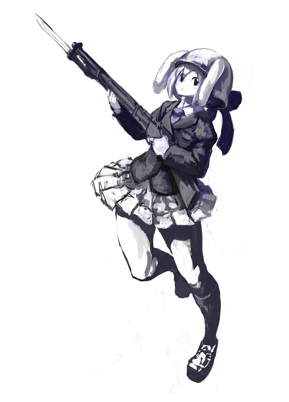 binayu, reisen, touhou, highres, 1girl, female focus, gun, monochrome, purple theme, solo, weapon
