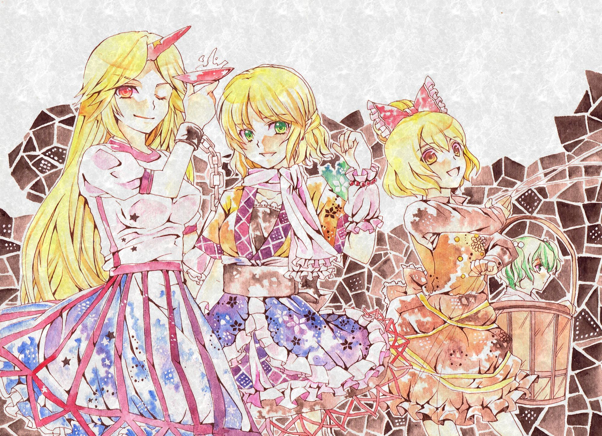 n-mix, hoshiguma yuugi, kisume, kurodani yamame, mizuhashi parsee, touhou, highres, 4girls, bucket, cup, female focus, horns, in bucket, in container, multiple girls, sakazuki, single horn, star (symbol)