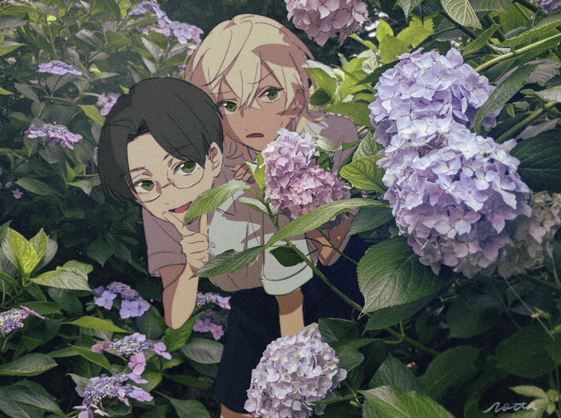 akutsu mabu, niiboshi reo, sarazanmai, highres, 2boys, aged down, black hair, blonde hair, flower, glasses, green eyes, hands on another's shoulders, hydrangea, index finger raised, looking at viewer, male focus, multiple boys, open mouth, photo background, pink flower, shaaark rotta03, shirt, short hair, sweatdrop, white shirt
