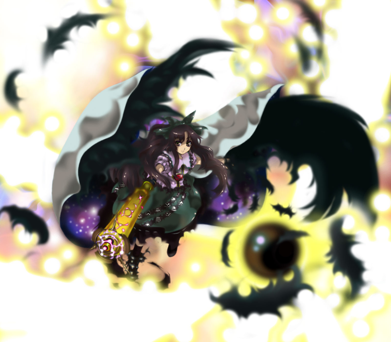 kita (piyo3407), reiuji utsuho, touhou, highres, 1girl, arm cannon, black wings, blurry, brooch, depth of field, feathers, female focus, full body, gem, jewelry, long hair, looking at viewer, puffy short sleeves, puffy sleeves, short sleeves, simple background, solo, third eye, very long hair, weapon, white background, wings