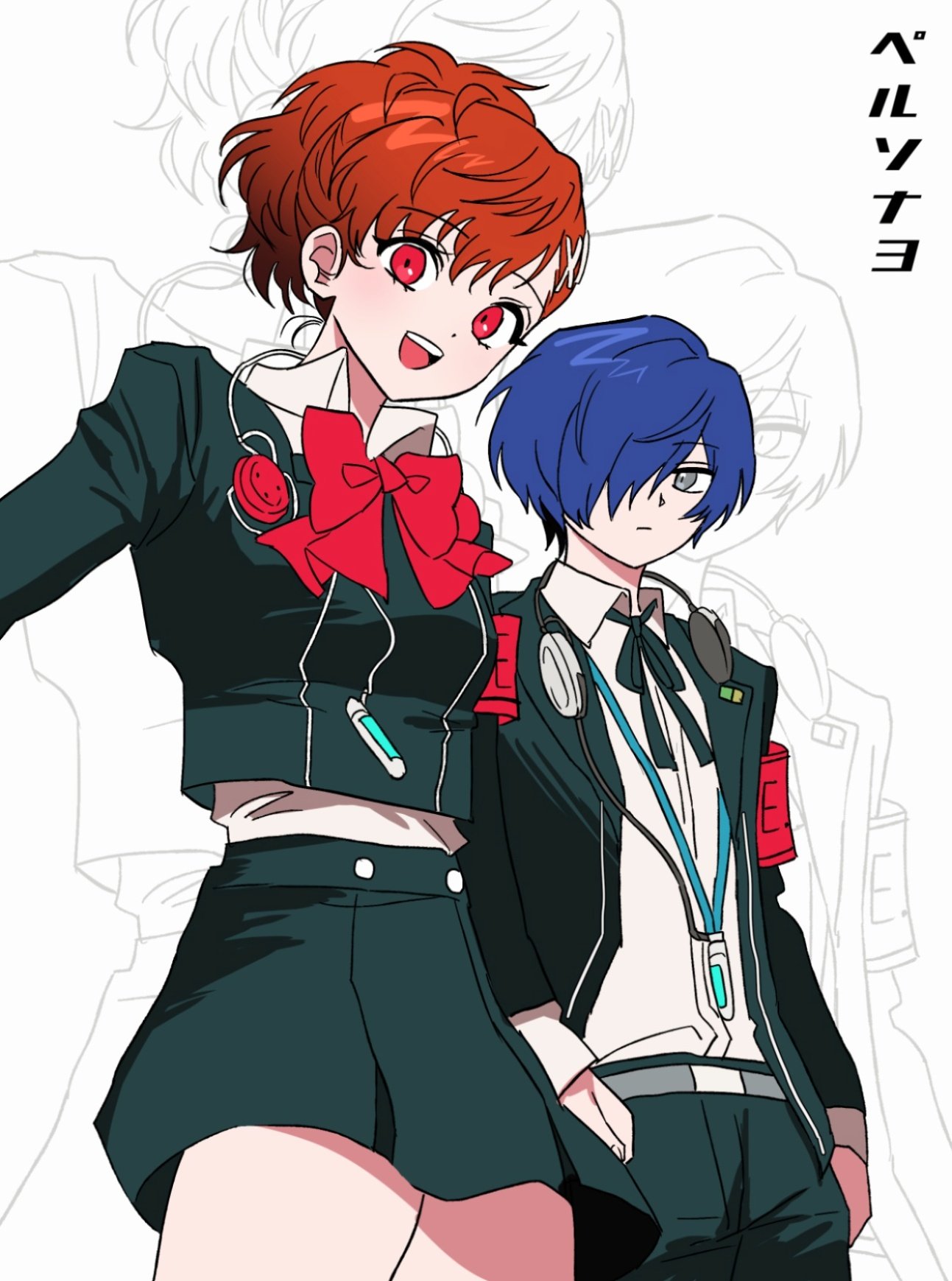 shiomi kotone, yuuki makoto (persona 3), persona, persona 3, persona 3 portable, highres, 1boy, 1girl, armband, black jacket, black pants, black ribbon, black skirt, blue hair, bow, bowtie, closed mouth, collared shirt, copyright name, gekkoukan high school uniform, hair over one eye, jacket, long sleeves, neck ribbon, open mouth, pants, qnfrjswjsrmfla, red armband, red bow, red bowtie, red hair, ribbon, school uniform, shirt, simple background, skirt, teeth, upper teeth only, white background, white shirt