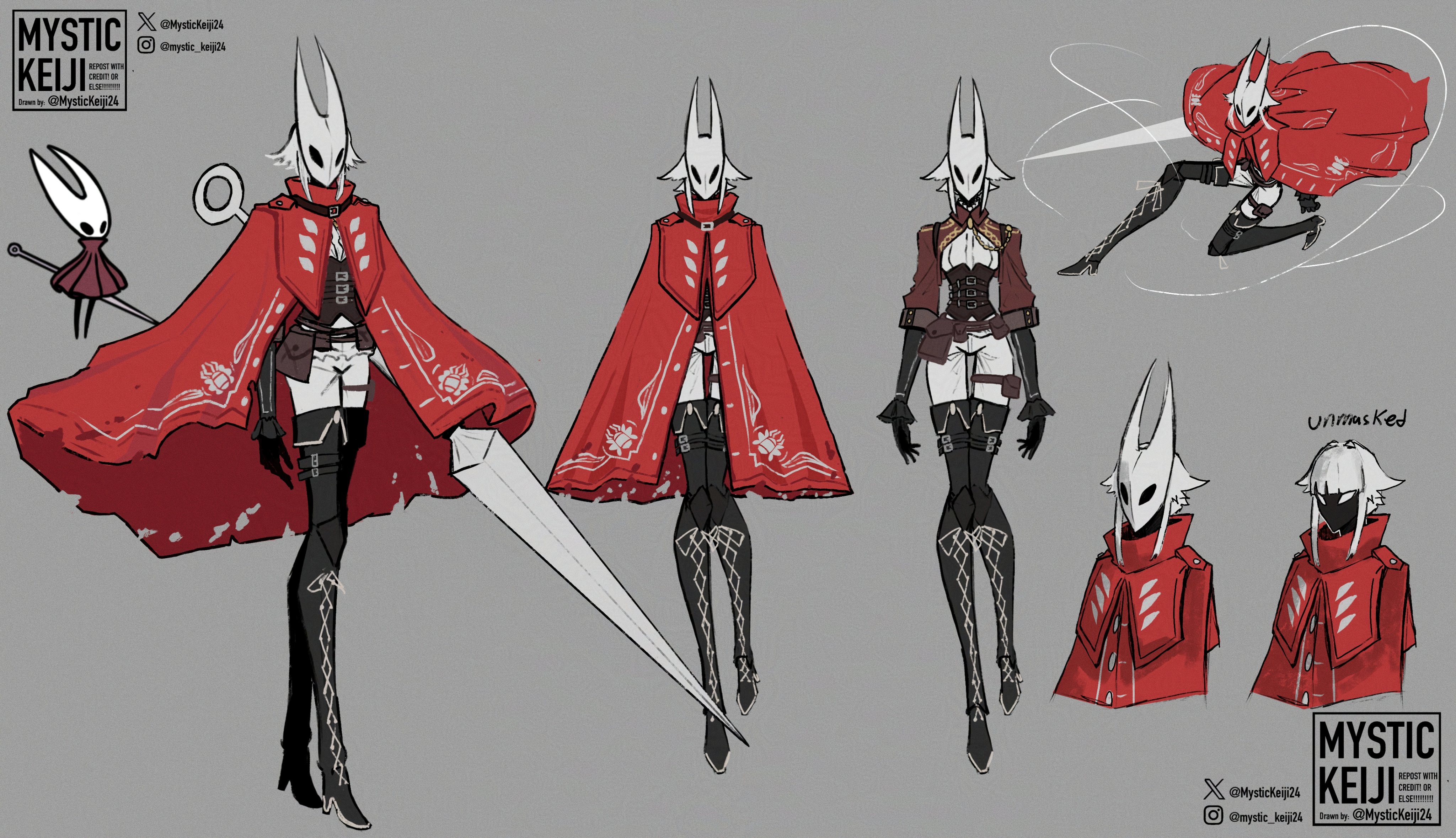 mystickeiji24, hornet (hollow knight), hollow knight, hollow knight: silksong, absurdres, highres, 1girl, artist name, black boots, black skin, boots, cloak, colored skin, corset, full body, grey background, instagram username, jellyfish cut, long legs, medium hair, narrow waist, needle (hollow knight), needle sword, red cloak, reference inset, sidelocks, string, thigh boots, twitter username, white eyes