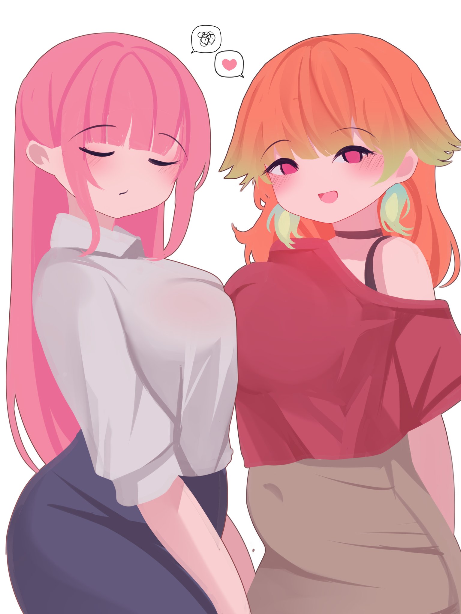 viqur, mori calliope, takanashi kiara, hololive, hololive english, highres, 2girls, alternate costume, blush, breasts, couple, earrings, feather earrings, feathers, jewelry, large breasts, long hair, long sleeves, multicolored hair, multiple girls, open mouth, pink hair, simple background, virtual youtuber, white background, yuri