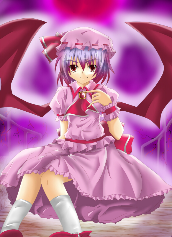 shino (moment), remilia scarlet, touhou, bad id, bad pixiv id, 1girl, female focus, gradient background, hat, red eyes, skirt, solo, wings