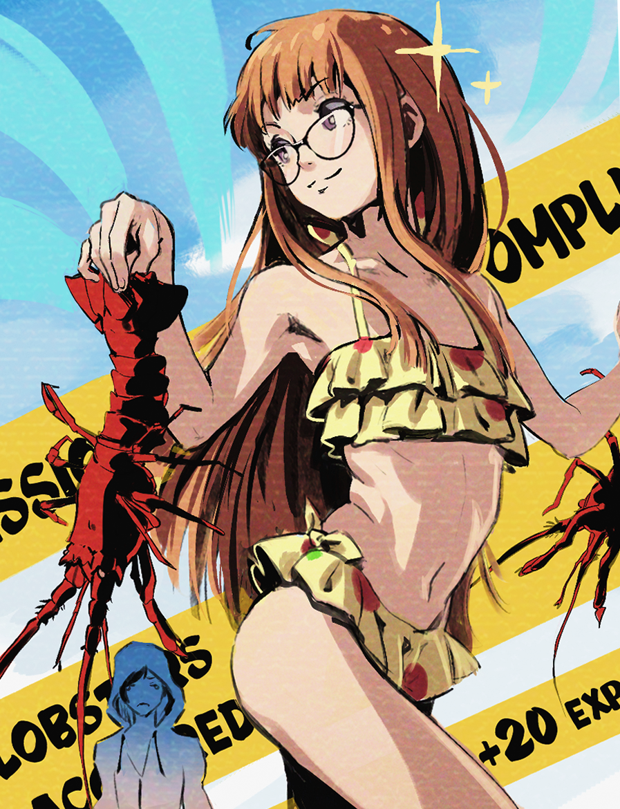 butterchalk, kitagawa yuusuke, sakura futaba, persona, persona 5, commentary, english commentary, 1boy, 1girl, bikini, brown hair, closed mouth, frilled bikini, frills, glasses, lobster, long hair, purple eyes, ruffle bikini, swimsuit, yellow bikini