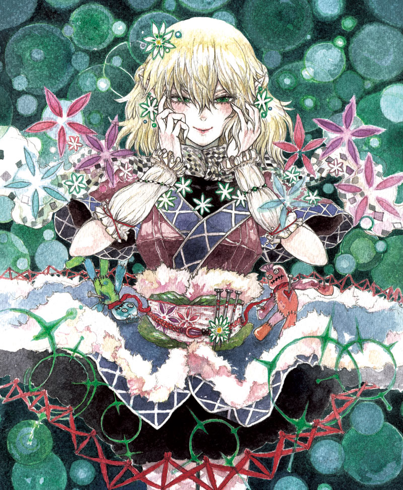 chihiro (kemonomichi), mizuhashi parsee, touhou, 1girl, blonde hair, blush, cowboy shot, dress, evil smile, female focus, flower, long sleeves, looking at viewer, obi, puffy short sleeves, puffy sleeves, red dress, sash, short hair, short sleeves, smile, solo, standing