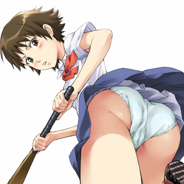 mosha, onizuka hime, sket dance, 1girl, ass, baseball bat, blush, brown eyes, brown hair, female focus, from behind, hockey stick, looking at viewer, looking back, panties, pantyshot, school uniform, short hair, skirt, solo, underwear, upskirt, white background, white panties