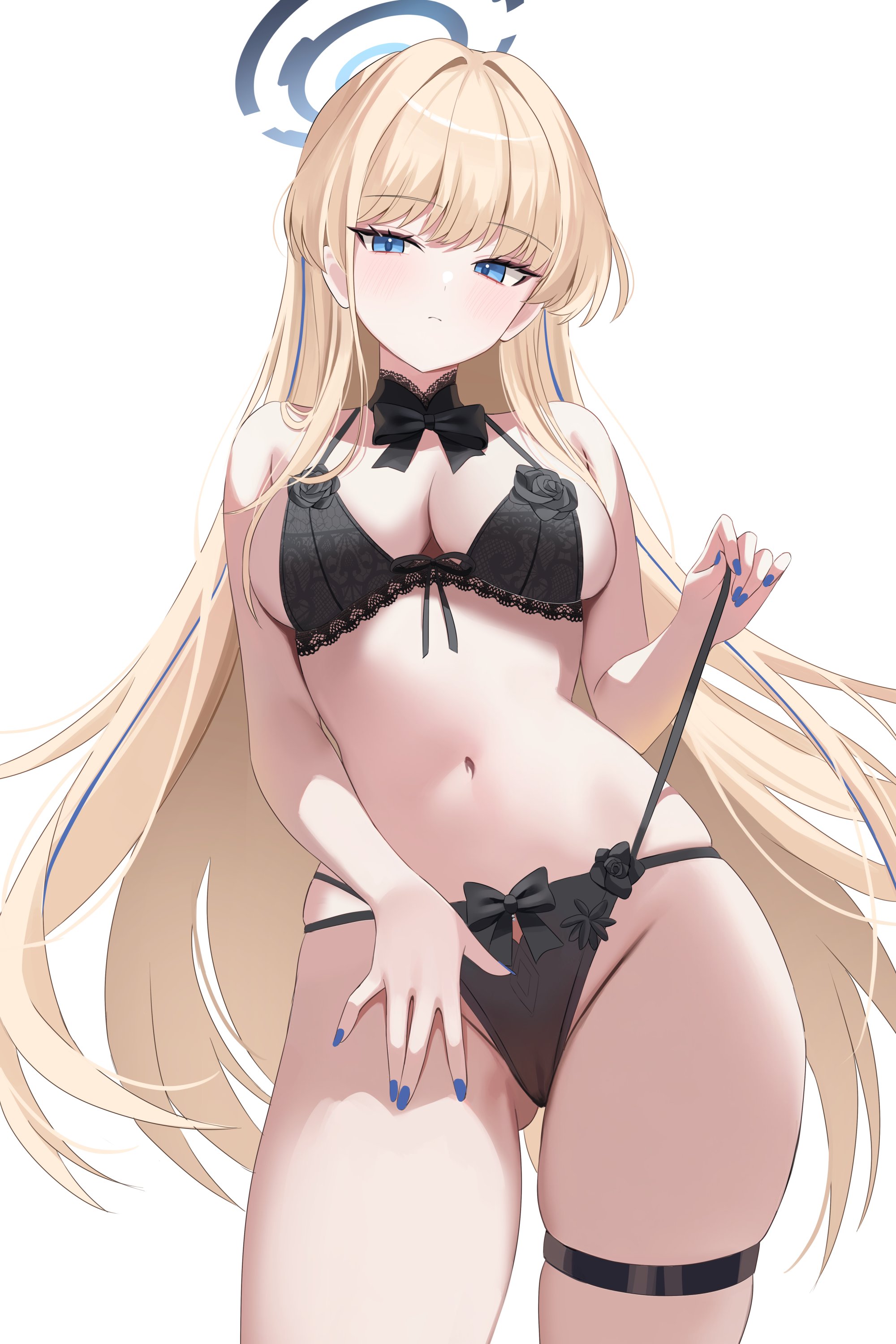 nannung, toki (blue archive), blue archive, absurdres, highres, 1girl, alternate costume, black bra, black panties, blonde hair, blue eyes, blue halo, blue nails, blush, bra, breasts, cleft of venus, closed mouth, halo, large breasts, long hair, looking at viewer, navel, panties, pussy, see-through clothes, see-through panties, sideboob, solo, stomach, thigh strap, underwear, underwear only