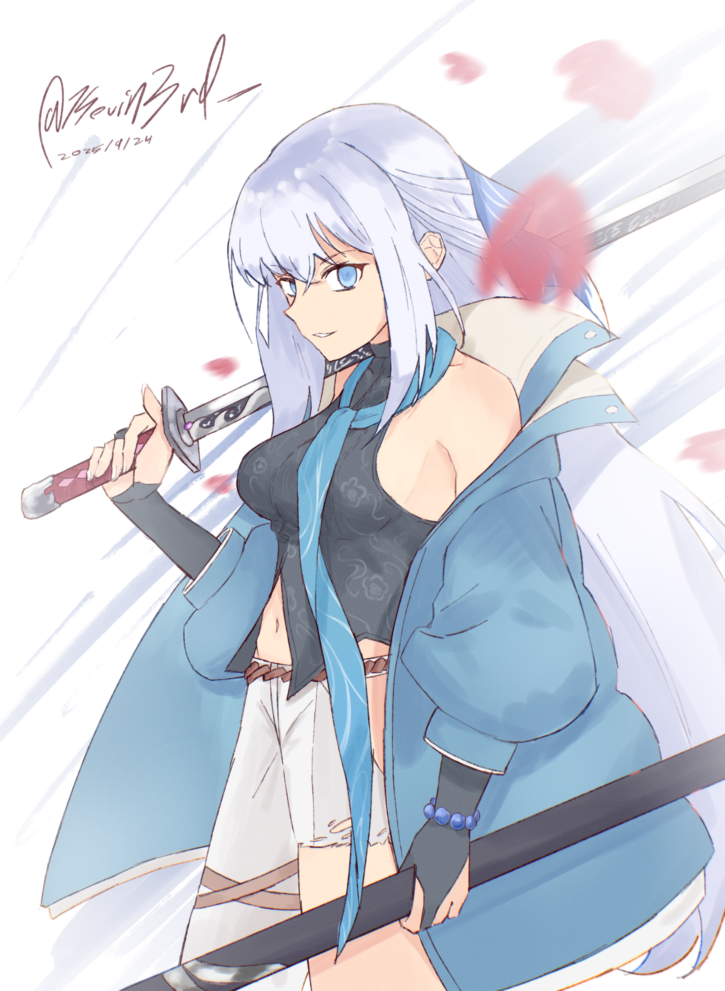 shizuna rem misurugi, eiyuu densetsu, kuro no kiseki, kuro no kiseki (series), kuro no kiseki ii, absurdres, highres, 1girl, asymmetrical legwear, bare shoulders, beads, blue eyes, breasts, bridal gauntlets, crossed bangs, dated, denim, double-parted bangs, falling leaves, hair between eyes, half updo, holding, holding sheath, holding sword, holding weapon, jeans, katana, kevin3rd, large breasts, leaf, long hair, looking at viewer, maple leaf, pants, prayer beads, rope, sheath, shimenawa, sideboob, sidelocks, signature, sleeveless, solo, sword, torn clothes, torn jeans, torn pants, weapon, white hair