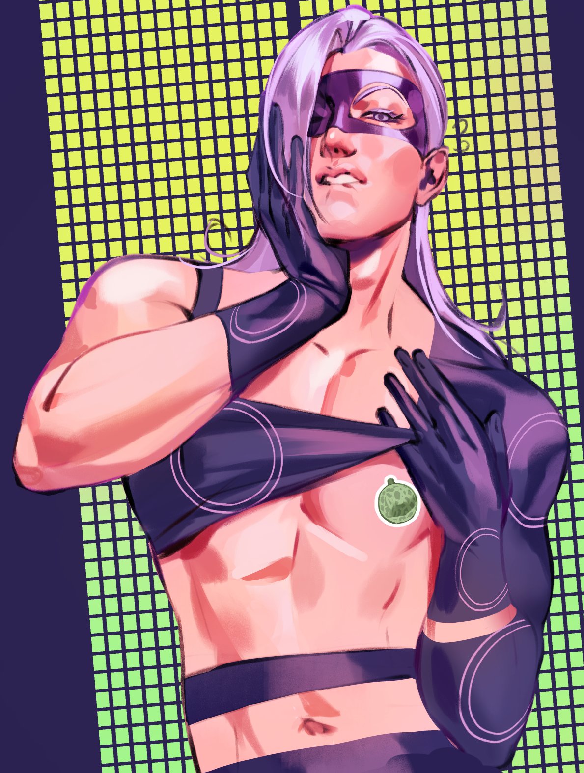 yahidna, melone, jojo no kimyou na bouken, vento aureo, highres, 1boy, broad shoulders, domino mask, grid background, long hair, male focus, mask, navel, purple eyes, purple hair, solo, sticker on chest, toned, toned male, upper body