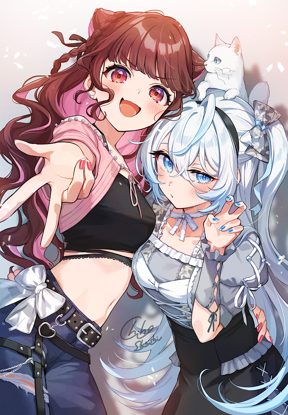 shinishi chiho, original, commentary, highres, 2girls, ahoge, animal, animal on head, belt, black shirt, black skirt, blue eyes, blue nails, blush, bow, braid, breasts, brown hair, cat, cat on head, choker, closed mouth, collarbone, cowboy shot, crop top, denim, double bun, fang, grey hair, grey shirt, hair bow, hair bun, hug, jeans, light particles, looking at viewer, midriff, multicolored hair, multiple girls, navel, on head, open mouth, pants, pink hair, pink nails, pink shrug, pursed lips, red eyes, shirt, short sleeves, shrug (clothing), skirt, small breasts, smile, torn clothes, torn jeans, torn pants, two side up, v, white choker, white hair