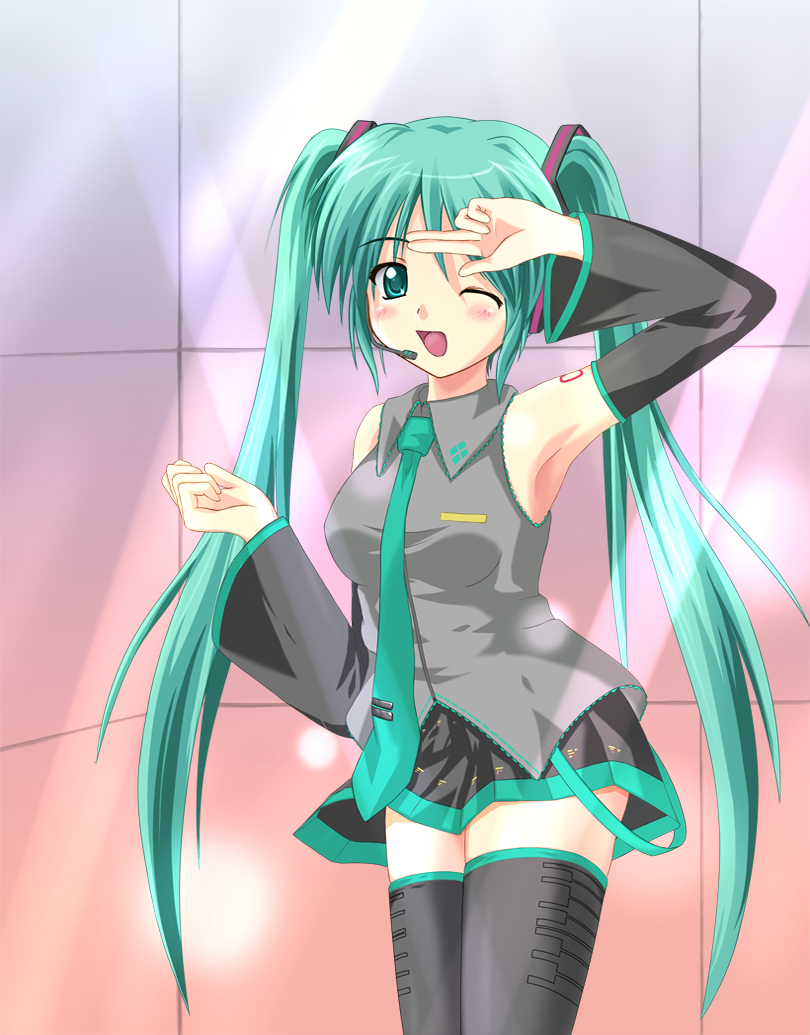 koni, hatsune miku, vocaloid, 1girl, detached sleeves, female focus, green eyes, green hair, headset, long hair, matching hair/eyes, necktie, one eye closed, solo, thighhighs, twintails, wink