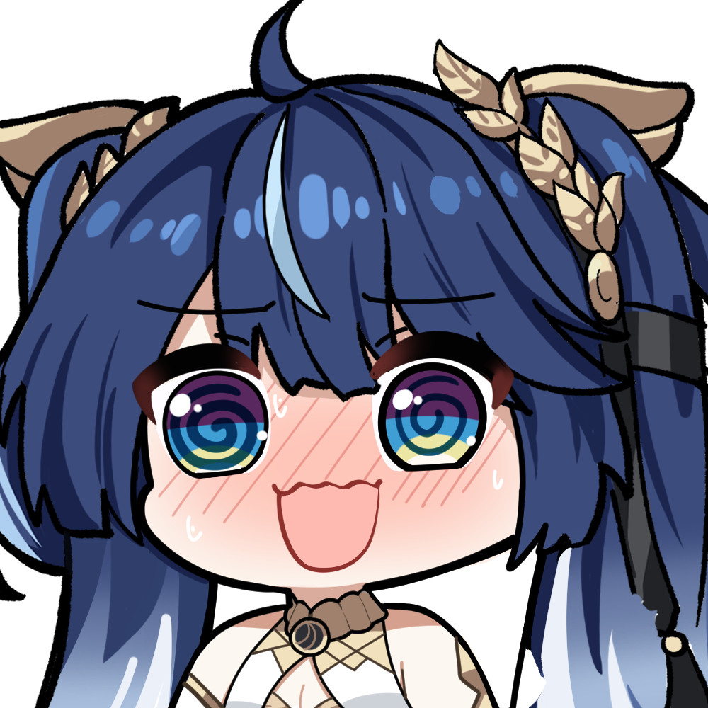 twomoon, iuno (wuthering waves), wuthering waves, commentary, english commentary, 1girl, @ @, ahoge, armlet, artistic error, bare shoulders, blue hair, blush, breasts, chibi, chibi only, cleavage, gradient hair, jewelry, laurel crown, long hair, medium breasts, multicolored hair, nose blush, open mouth, simple background, smile, solo, streaked hair, sweat, twintails, white background