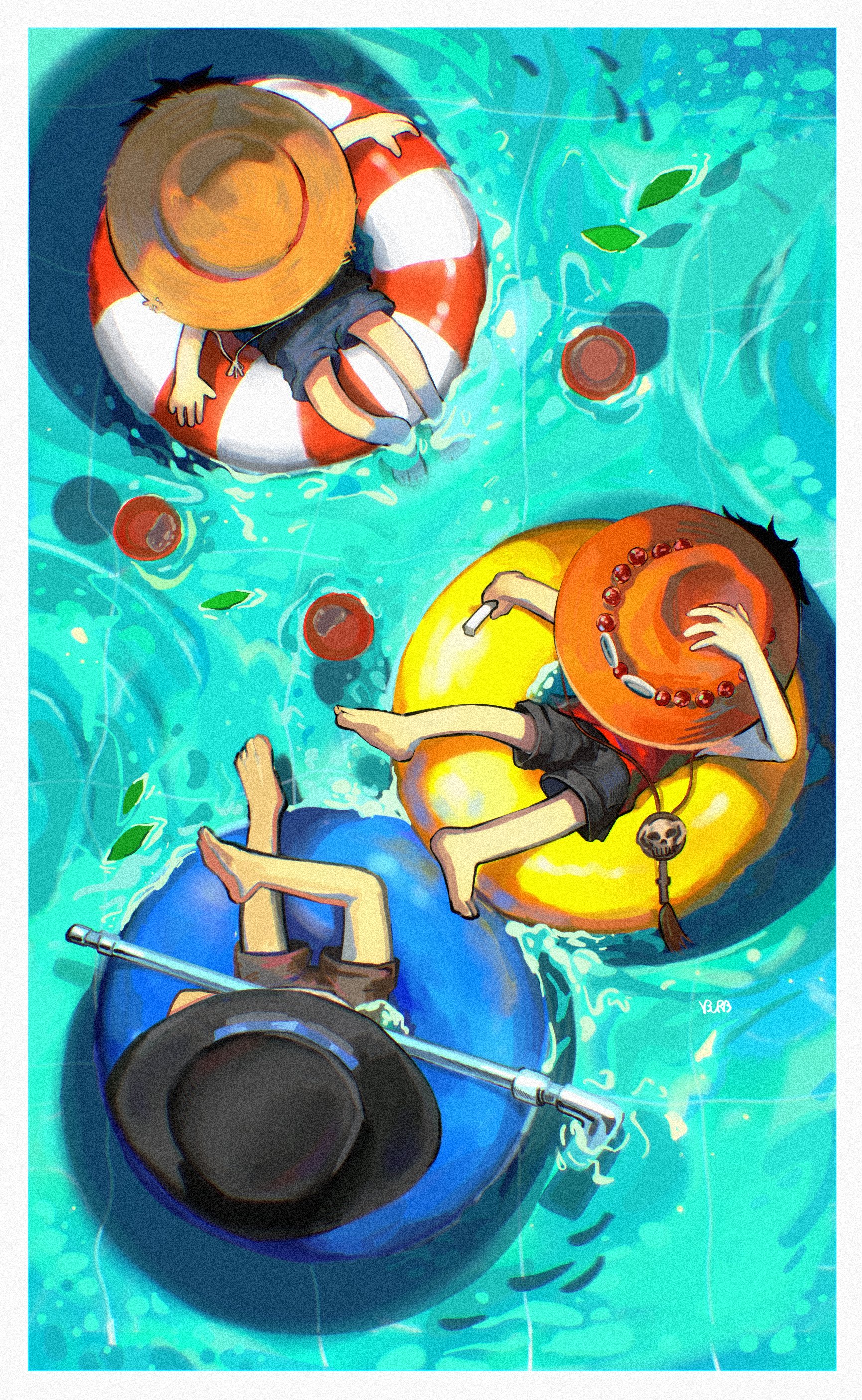mxhxkxcx, monkey d. luffy, portgas d. ace, sabo (one piece), one piece, absurdres, commentary request, highres, korean commentary, 3boys, afloat, aged down, barefoot, black shorts, border, brown hat, from above, hat, hat on face, lead pipe, leaf, multiple boys, orange hat, red shirt, shirt, shorts, simple fish, straw hat, striped innertube, water, white border, yellow innertube