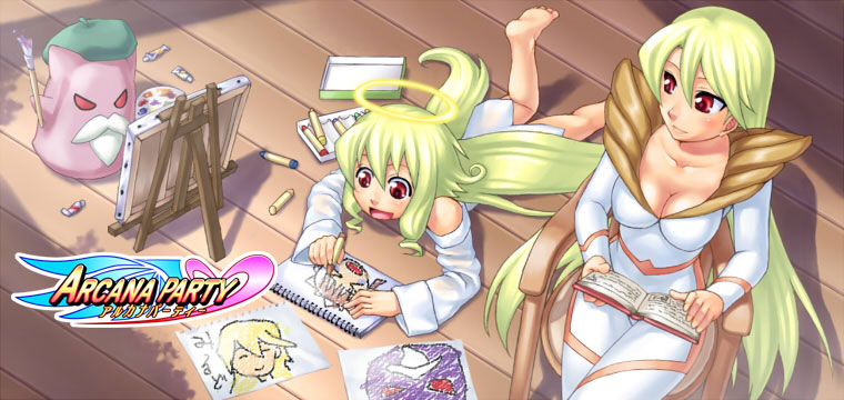 misao (kami no misoshiru), angelia avallone, fiona mayfield, malin (arcana heart), mildred avallone, aq interactive, arcana heart, arcana heart 2, atlus, examu, drawing, 2girls, barefoot, blonde hair, book, breasts, crayon, dress shirt, feet, halo, long hair, multiple girls, open mouth, paint, paintbrush, painting (action), red eyes, shirt, siblings, sisters, smile, very long hair