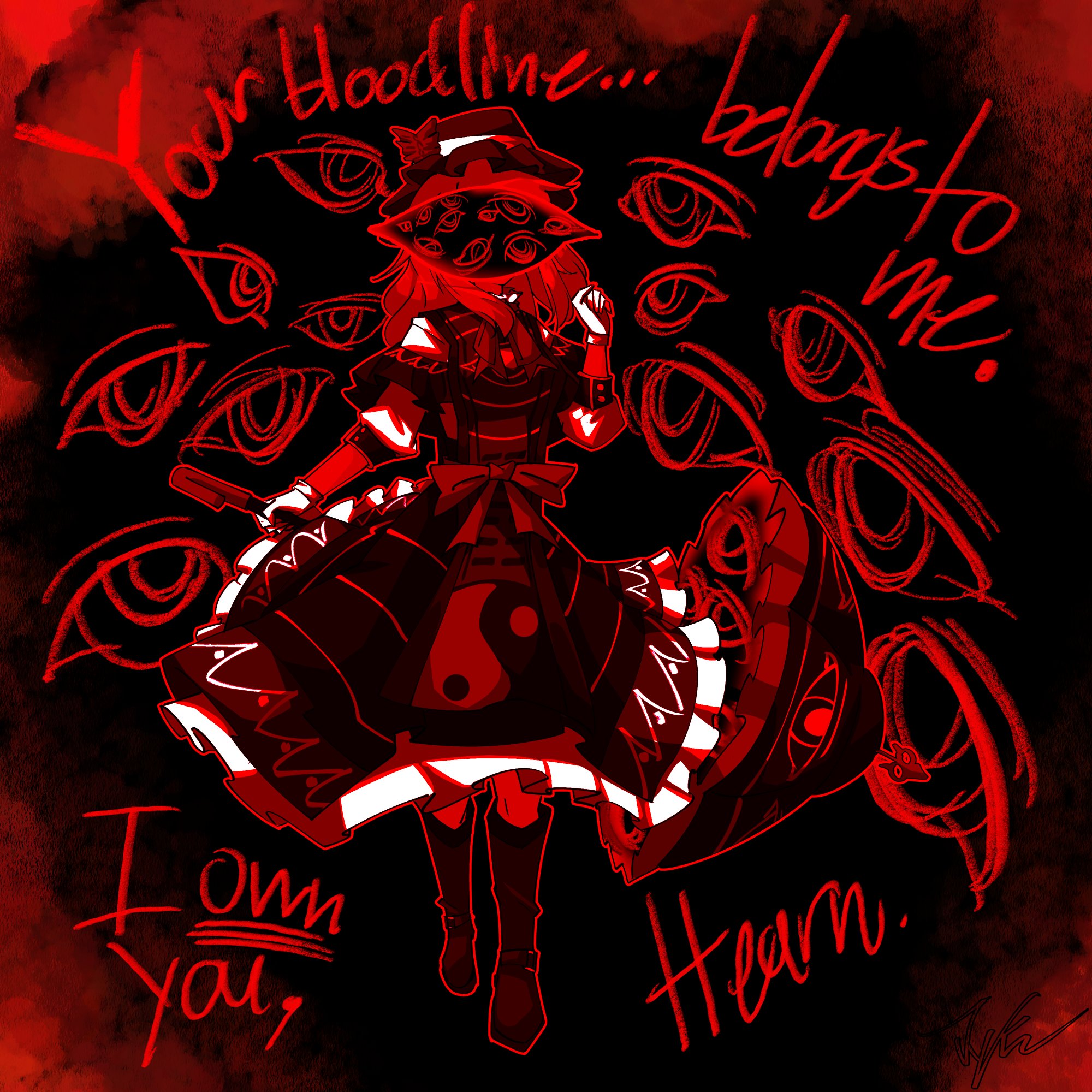 jongk ok, maribel hearn, touhou, commentary, english commentary, highres, 1girl, alternate costume, black background, boots, bow, bowtie, covered face, disembodied eye, dress, english text, frilled dress, frills, full body, gap (touhou), gloves, hand up, hat, hat bow, hat ribbon, holding, holding umbrella, long hair, multicolored dress, partially colored, red background, red theme, ribbon, short sleeves, signature, solo, standing, tabard, two-sided umbrella, two-tone background, umbrella, waist bow, white dress, white gloves, yin yang