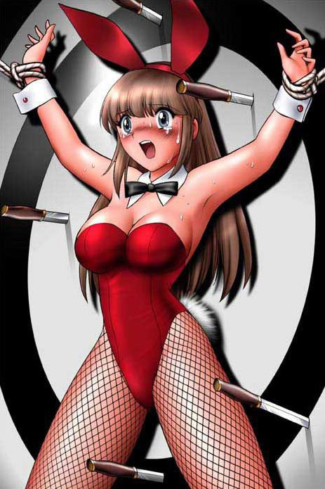shingyouji tatsuya, original, 1girl, animal ears, bdsm, blush, bondage, bound, breasts, brown hair, cleavage, detached collar, fake animal ears, female focus, fishnet pantyhose, fishnets, hairband, knife, knife throwing, large breasts, long hair, open mouth, pantyhose, peril, playboy bunny, rabbit ears, rabbit tail, rope, scared, solo, spread eagle position, standing, sweat, tail, target, tears, throwing knife, weapon, wrist cuffs