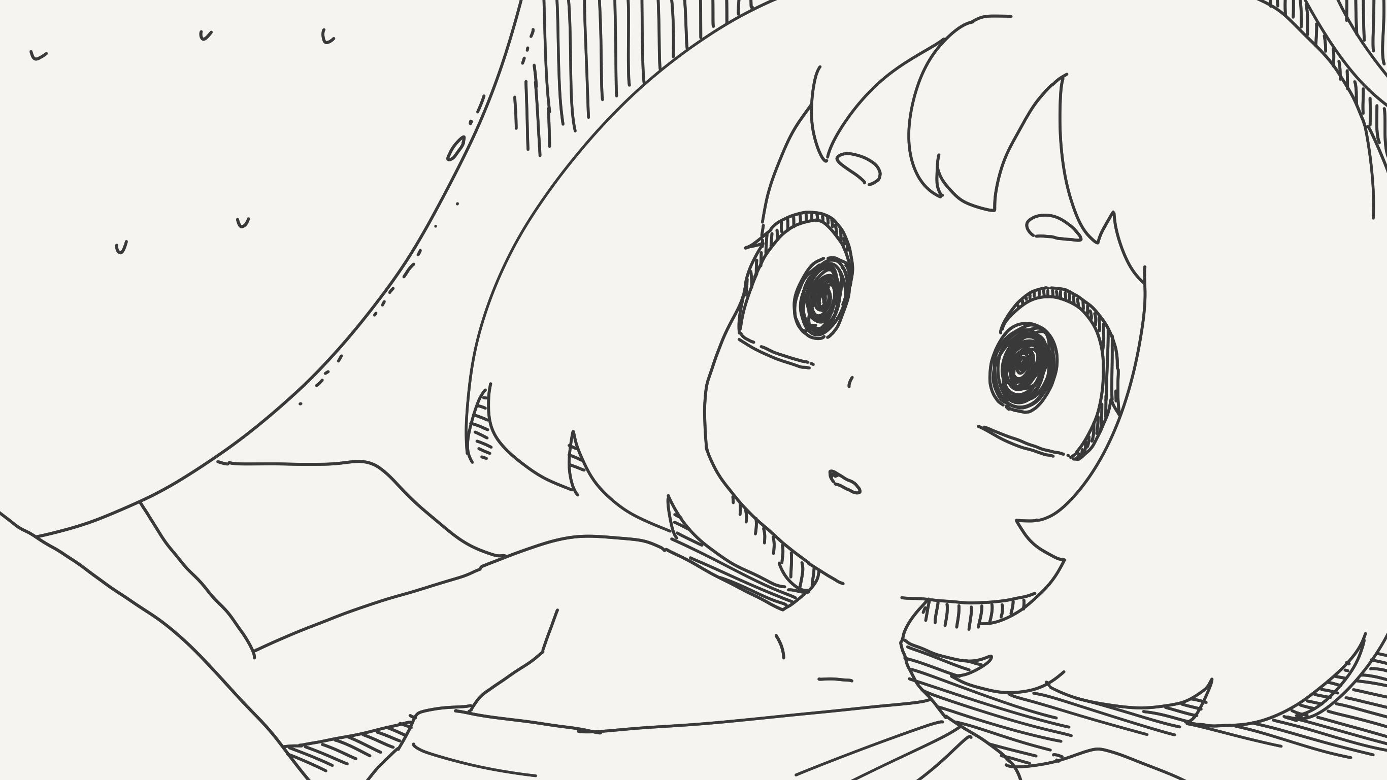 horideiyasumi, original, highres, 1boy, 1girl, angel wings, black eyes, bob cut, boy on top, breasts, greyscale, halo, looking at another, monochrome, nervous sweating, small breasts, sweat, trembling, wide-eyed, wings