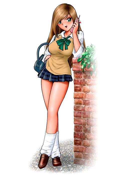 shingyouji tatsuya, original, 1girl, bag, breasts, brown hair, cellphone, female focus, green eyes, large breasts, long hair, loose socks, open mouth, phone, pleated skirt, school uniform, serafuku, skirt, sleeves rolled up, smile, socks, solo, vest, white background