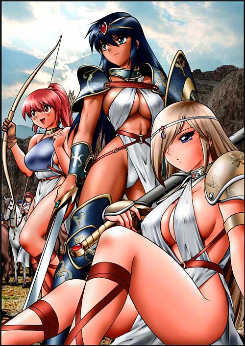 shingyouji tatsuya, original, cross-laced footwear, 3girls, amazon warrior, armor, arrow (projectile), belt, black hair, blue eyes, blue hair, boots, bow, bow (weapon), bracelet, breasts, brown hair, center opening, circlet, cleavage, collar, covered erect nipples, criss-cross halter, dark-skinned female, dark skin, gorget, greaves, green eyes, hair over one eye, halterneck, headband, horse, jewelry, large breasts, loincloth, mountain, multiple girls, muscular, pauldrons, photo background, ponytail, quiver, red eyes, red hair, sandals, sheath, shield, shoulder armor, sideboob, sitting, sky, standing, sword, thighhighs, vambraces, warrior, weapon