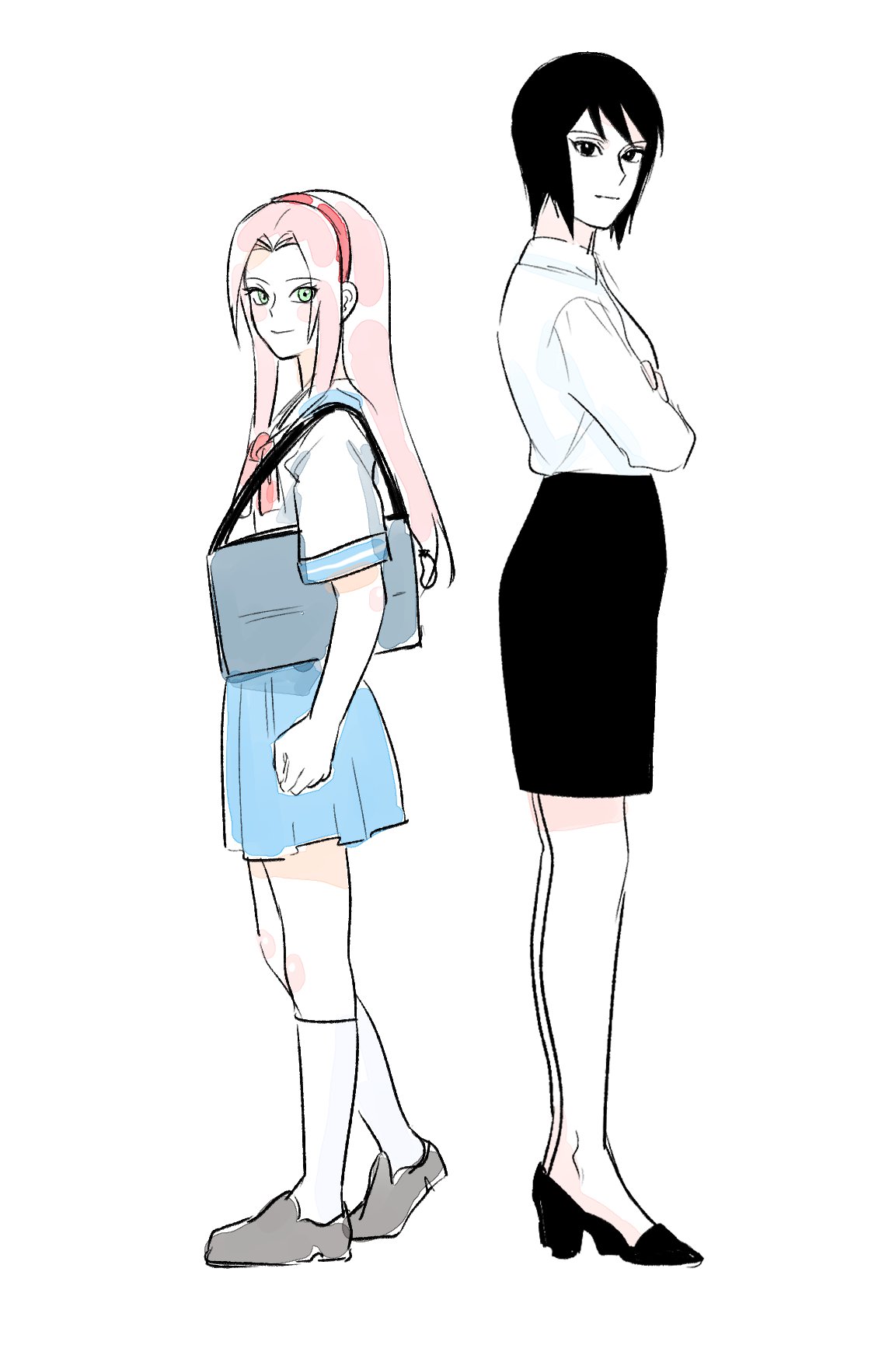 may c, haruno sakura, shizune (naruto), naruto (classic), naruto (series), commentary request, highres, korean commentary, 2girls, bag, black eyes, black hair, black skirt, blue skirt, crossed arms, green eyes, hairband, high heels, kneehighs, medium skirt, miniskirt, multiple girls, office lady, pink hair, red hairband, school bag, school uniform, serafuku, skirt, socks, white socks