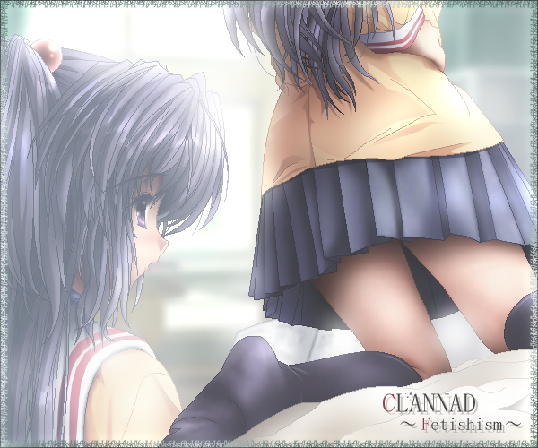 gisarme, ichinose kotomi, clannad, 00s, 1girl, ass, black socks, feet, kneehighs, long hair, no shoes, school uniform, serafuku, socks