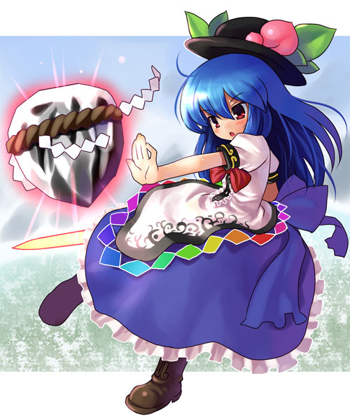 katahira masashi, hinanawi tenshi, touhou, 1girl, blue hair, female focus, food, fruit, full body, hat, kaname-ishi, long hair, outdoors, peach, ribbon, rope, shimenawa, sky, solo, sword, sword of hisou, telekinesis, weapon