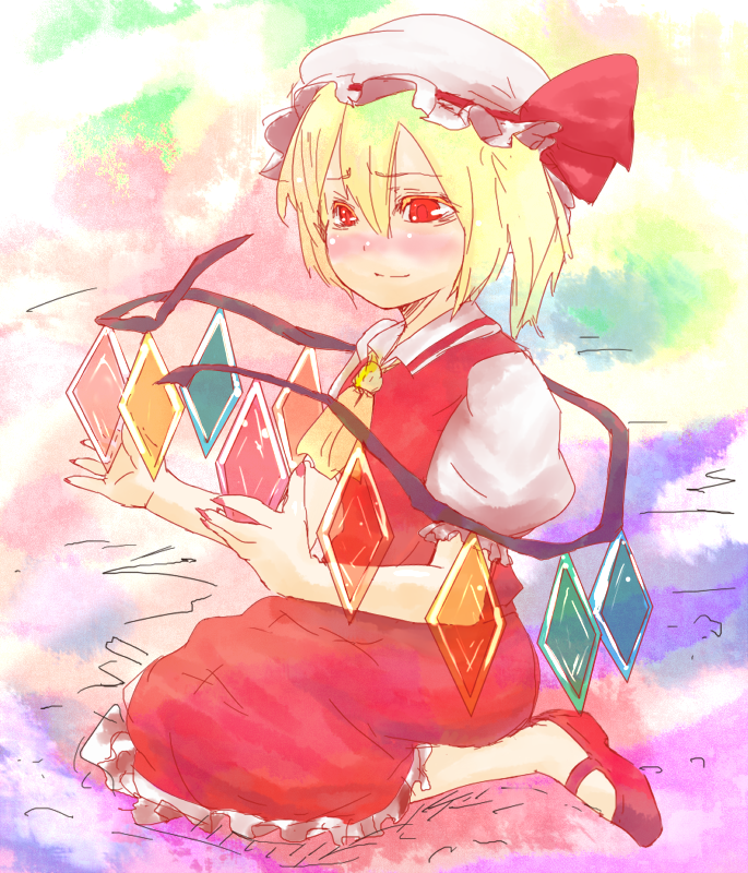 soubi, flandre scarlet, touhou, bad id, bad pixiv id, 1girl, blonde hair, blouse, blush, collared shirt, female focus, from side, full body, hair between eyes, hat, mob cap, ponytail, red shoes, ribbon, shirt, shoes, short hair, sitting, solo, white hat, white shirt, wings