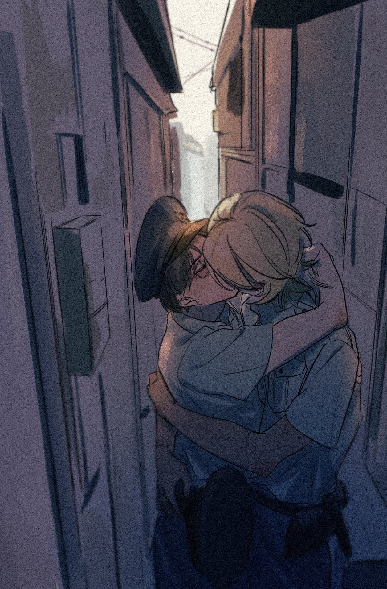 akutsu mabu, niiboshi reo, sarazanmai, commentary request, highres, 2boys, alley, blonde hair, blue shirt, closed eyes, hat, holding, holding unworn clothes, holding unworn hat, hug, kiss, light particles, male focus, multiple boys, police, police hat, police uniform, shaaark rotta03, shirt, short hair, unworn hat, unworn headwear, vanishing point, yaoi