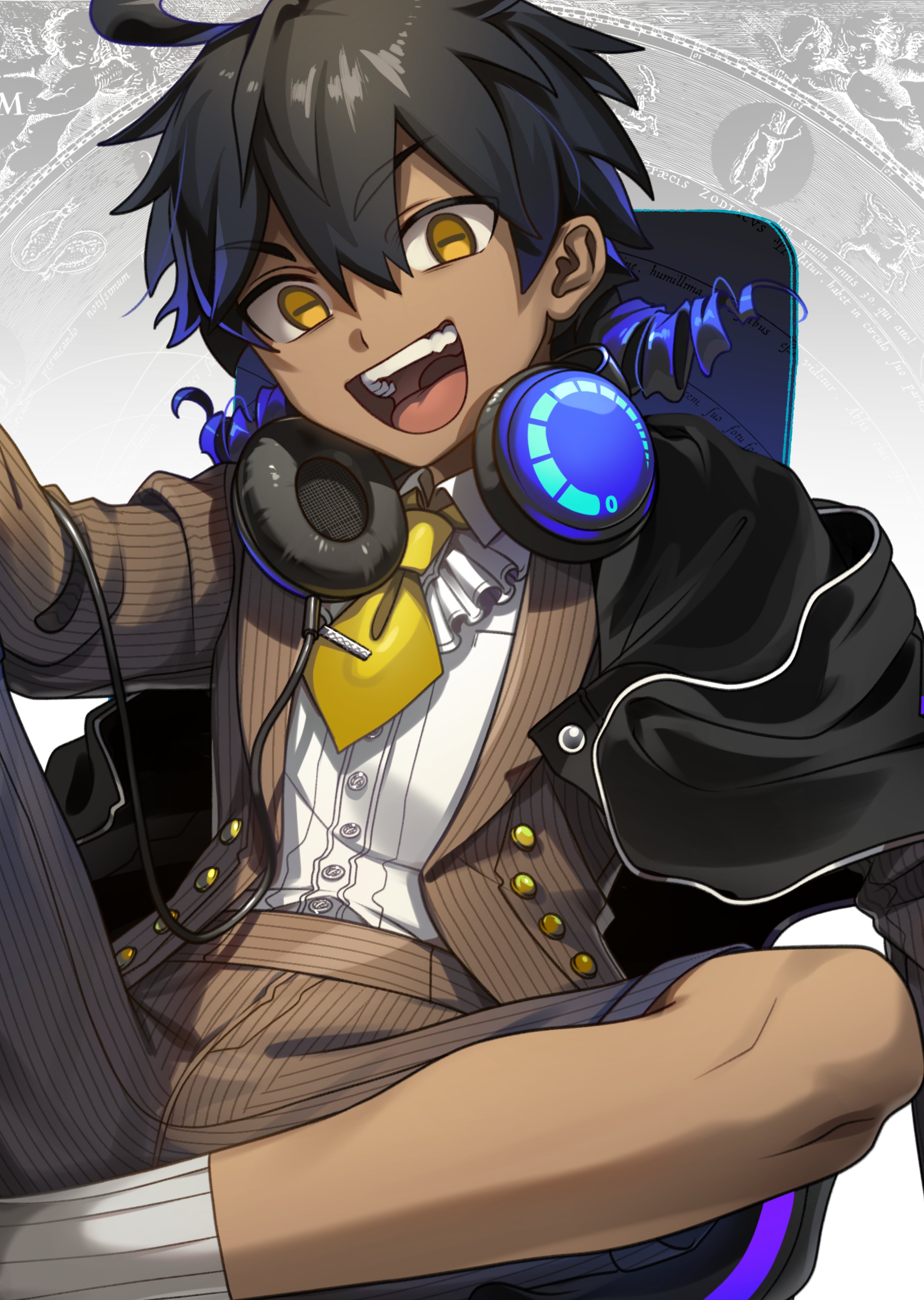 ura green san, call of cthulhu, original, absurdres, highres, 1boy, :d, ahoge, ascot, black hair, black jacket, brown jacket, brown shorts, cable, capricorn (zodiac), chair, collared shirt, dark-skinned male, dark skin, drill hair, feet out of frame, hair between eyes, headphones, headphones around neck, horizontal pupils, jacket, jacket on shoulders, juu ni seiza kan satsujin jiken, knee up, long sleeves, looking at viewer, medium hair, necktie, on chair, open clothes, open jacket, open mouth, pinstripe jacket, pinstripe pattern, pinstripe shorts, shirt, shirt tucked in, short necktie, shorts, sitting, smile, socks, solo, teeth, tie clip, twin drills, upper teeth only, v-shaped eyebrows, white ascot, white shirt, white socks, yellow eyes, yellow necktie, zodiac, zodiac wheel