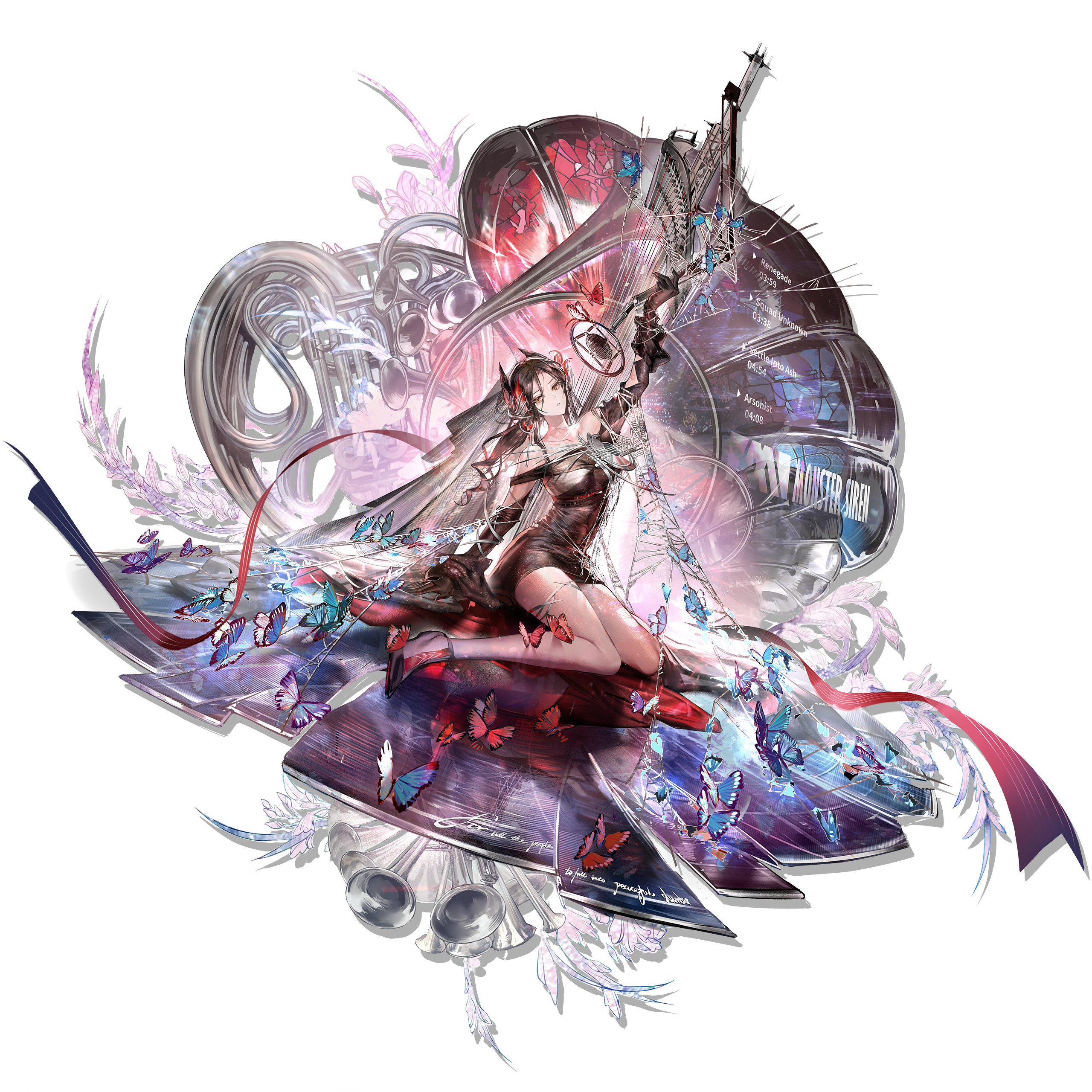 hoederer (arknights), ines (arknights), ines (melodic flutter) (arknights), w (arknights), ambience synesthesia, arknights, absurdres, highres, official art, third-party source, 1girl, banban (vvvviiiiiia), black dress, black gloves, black hair, black shoes, blue butterfly, bug, butterfly, dress, french horn, full body, gloves, horns, insect, instrument, long hair, phonograph, red butterfly, shoes, simple background, sitting, solo, transparent background, vinyl record, wariza