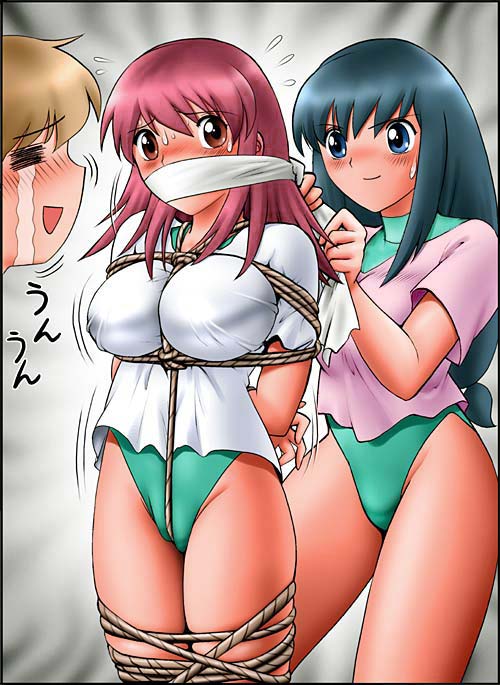 shingyouji tatsuya, ken robbins, may wong, naegino sora, kaleido star, jpeg artifacts, 00s, 1boy, 2girls, bdsm, blue eyes, blush, bondage, bound, breast bondage, breasts, brown eyes, captured, cloth gag, crotch rope, crying, excited, gag, gagged, gagging, improvised gag, large breasts, leotard, long hair, multiple girls, open mouth, red hair, rope, scared, shibari, smile, standing, sweat, sweatdrop