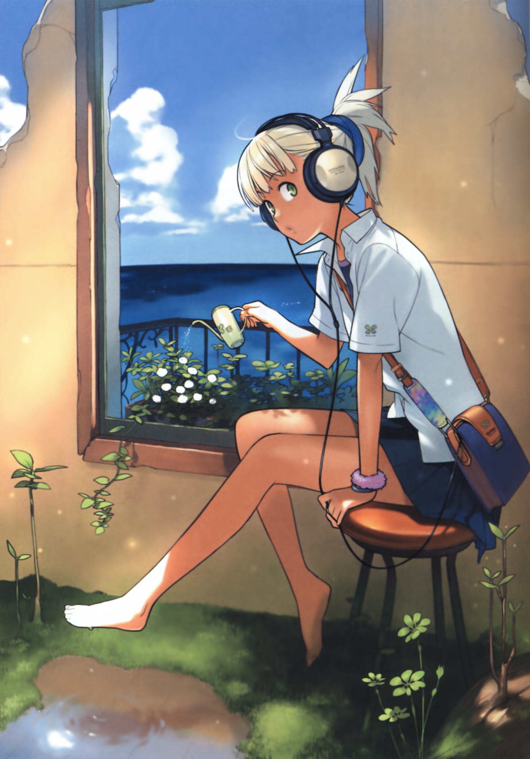 yukimi, original, absurdres, highres, 1girl, bag, barefoot, blonde hair, day, female focus, green eyes, headphones, ponytail, shadow, shirt, sitting, skirt, sky, soaking feet, solo, water, watering can