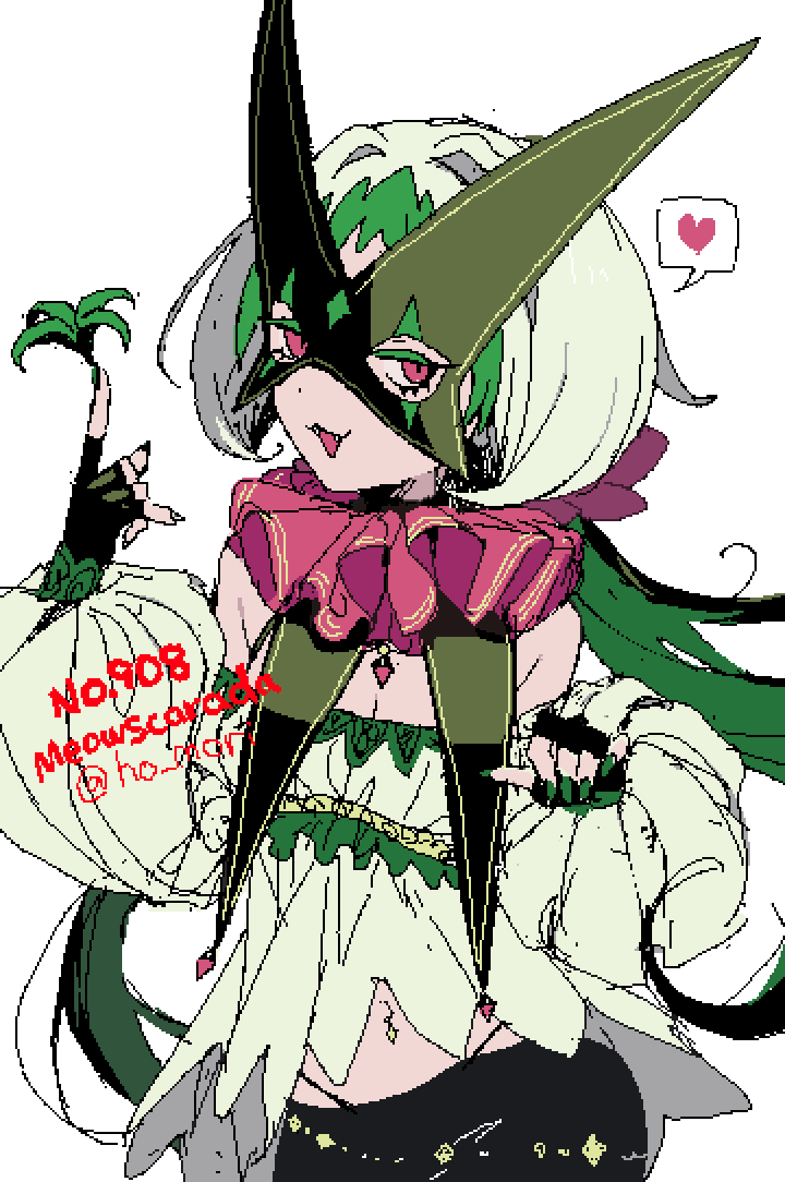 harurie, meowscarada, nintendo, pokemon, tagme, 1girl, artist name, green hair, green nails, green shirt, looking at viewer, mask, open mouth, personification, pixel art, pointing, pointing up, red eyes, shirt