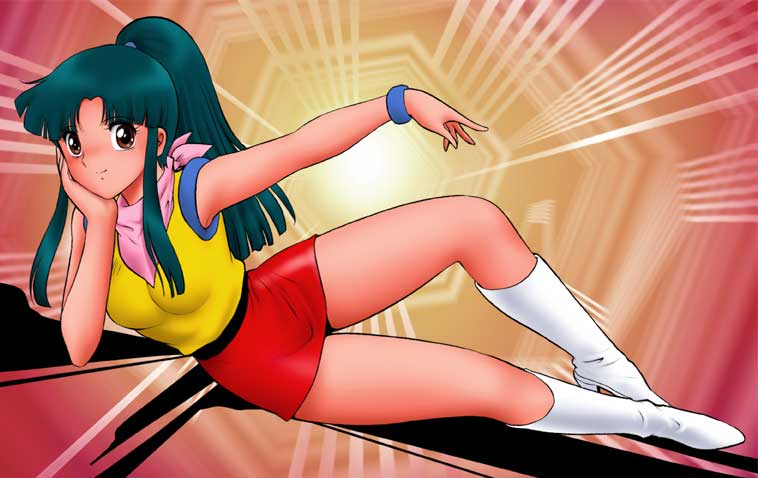shingyouji tatsuya, fubuki kyouko, plawres sanshiro, plawres sanshirou, 1980s (style), 1girl, bandana, blouse, boots, bracelet, brown eyes, female focus, green hair, high heel boots, high heels, jewelry, oldschool, pink bandana, ponytail, retro artstyle, shirt, skirt, sleeveless, smile, solo, white boots, yellow shirt