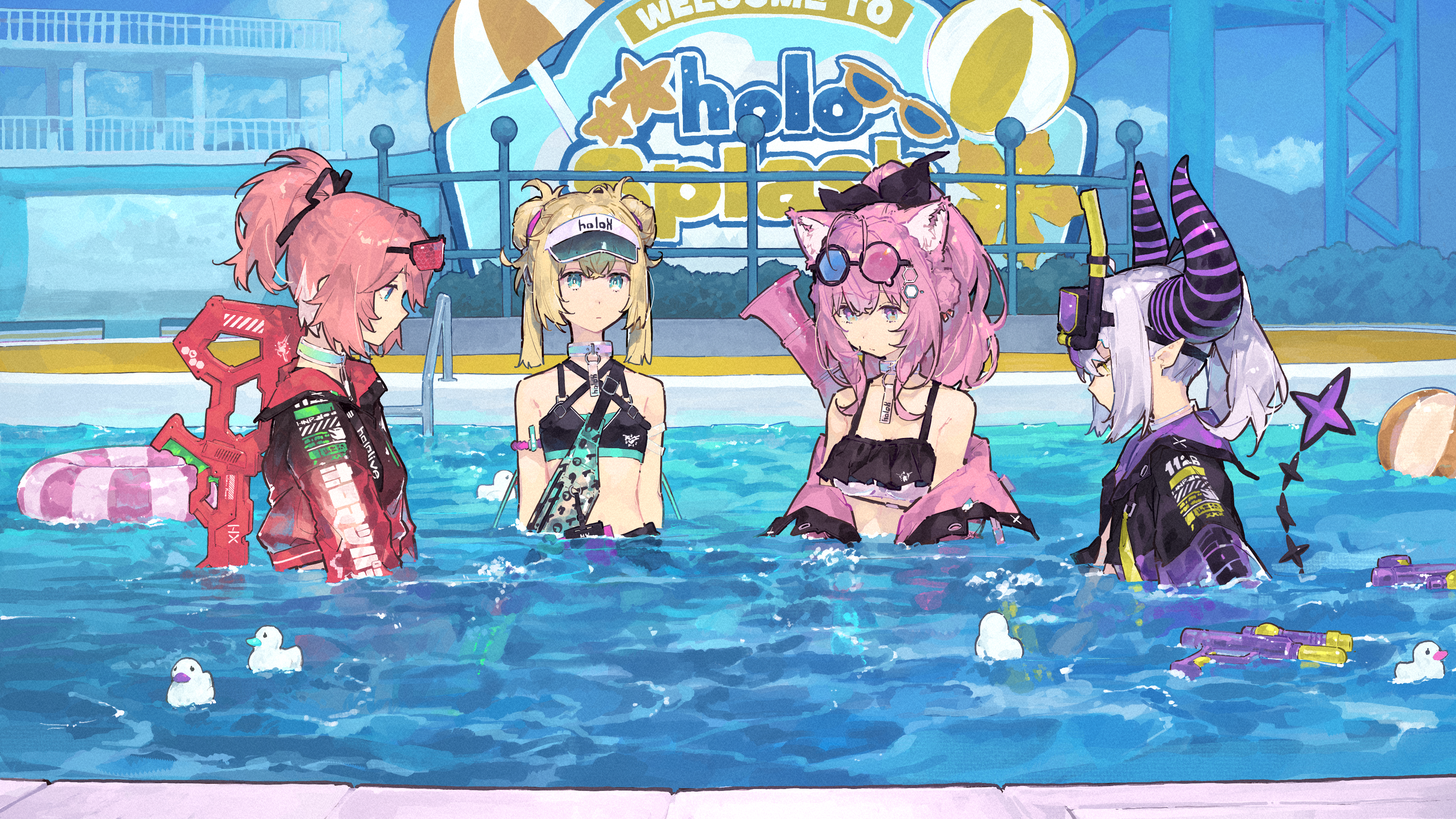 shiloroshi, hakui koyori, hakui koyori (holonatsu paradise), kazama iroha, kazama iroha (holonatsu paradise), la+ darknesss, la+ darknesss (holonatsu paradise), takane lui, takane lui (holonatsu paradise), hololive, holonatsu paradise, holox, absurdres, highres, 4girls, animal ears, blonde hair, blue eyes, bow, breasts, chest harness, choker, demon girl, demon horns, demon tail, double bun, eyewear on head, glasses, hair bow, hair bun, harness, heterochromatic eyewear, horns, inflatable armbands, jacket, long sleeves, midriff, multiple girls, navel, pink eyes, pink hair, ponytail, pool, short hair, swimsuit, tail, tinted eyewear, visor cap, water gun, white hair, yellow eyes