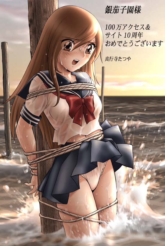 shingyouji tatsuya, original, translation request, 1girl, arms behind back, asphyxiation, assisted exposure, bdsm, blouse, blush, bondage, bound, bow, bowtie, brown eyes, brown hair, clothes lift, drowning, eyes visible through hair, female focus, fine art parody, hair between eyes, hair over one eye, long hair, open mouth, panties, pantyshot, parody, peril, pleated skirt, red bow, red bowtie, rope, scared, school uniform, serafuku, shirt, skirt, skirt lift, solo, underwear, upskirt, water, wet, wet clothes, white shirt