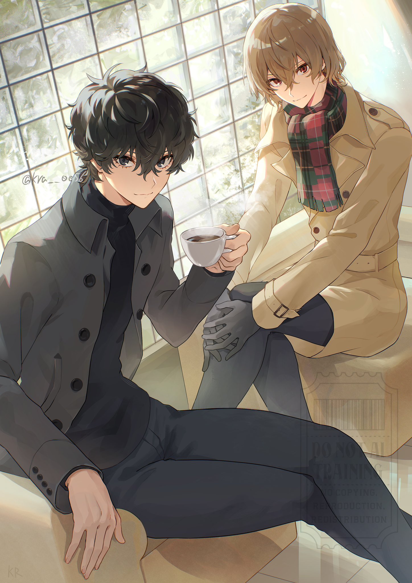 kra 0056, akechi gorou, amamiya ren, persona, persona 5, highres, 2boys, black gloves, black hair, black jacket, brown coat, brown hair, closed mouth, coat, coffee, coffee mug, crossed legs, cup, gloves, hair between eyes, holding, jacket, long sleeves, looking at viewer, male focus, mug, multiple boys, pants, plaid clothes, plaid scarf, red eyes, scarf, shirt, short hair, sitting, smile