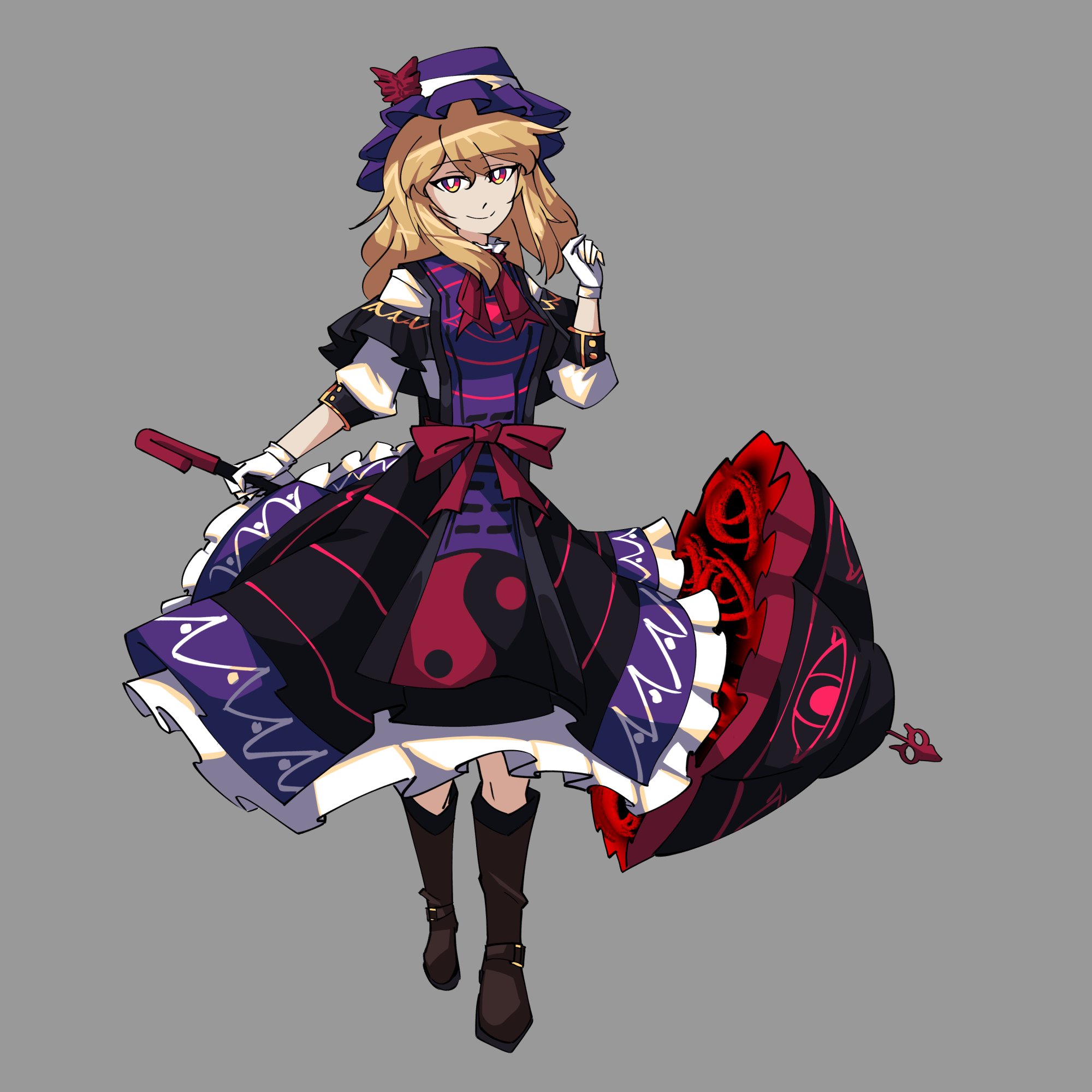 jongk ok, maribel hearn, touhou, commentary, english commentary, highres, 1girl, alternate costume, black dress, black umbrella, blonde hair, boots, bow, bowtie, bright pupils, brown boots, disembodied eye, dress, frilled dress, frills, full body, gap (touhou), gloves, grey background, hand up, hat, hat bow, hat ribbon, holding, holding umbrella, long hair, looking at viewer, multicolored dress, multicolored eyes, purple eyes, purple hat, red bow, red eyes, red umbrella, ribbon, short sleeves, smile, solo, standing, tabard, two-sided umbrella, umbrella, waist bow, white dress, white gloves, white pupils, yellow eyes, yin yang