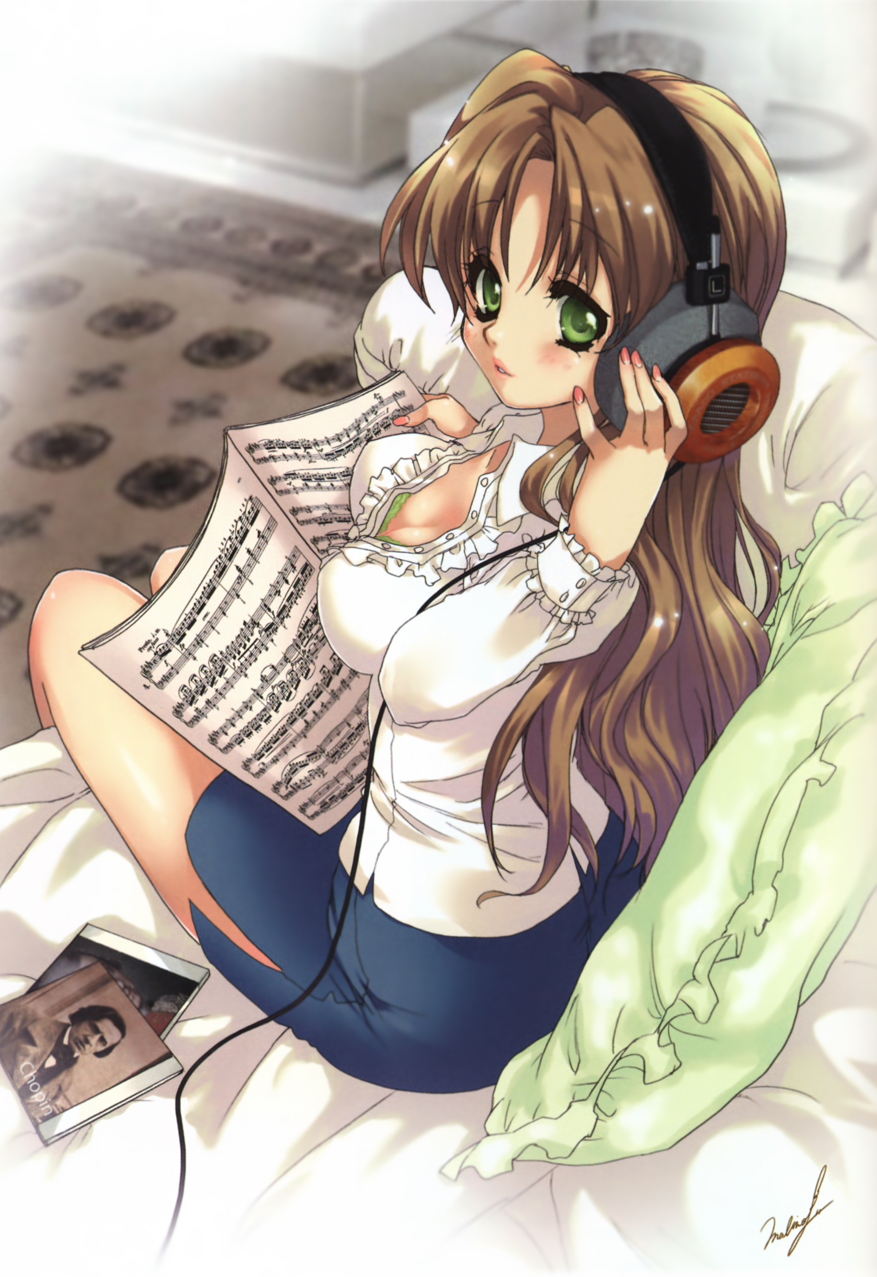 malino (dream maker), frederic chopin, grado labs, real life, absurdres, highres, 1girl, bass clef, bra, breasts, brown hair, cd, cleavage, covered erect nipples, downblouse, female focus, from above, green eyes, headphones, large breasts, lingerie, listening to music, long hair, looking at viewer, musical note, nail polish, pencil skirt, pillow, pink nails, quaver, quaver rest, real life insert, sharp sign, sheet music, shirt, side slit, signature, sitting, skirt, solo, treble clef, underwear
