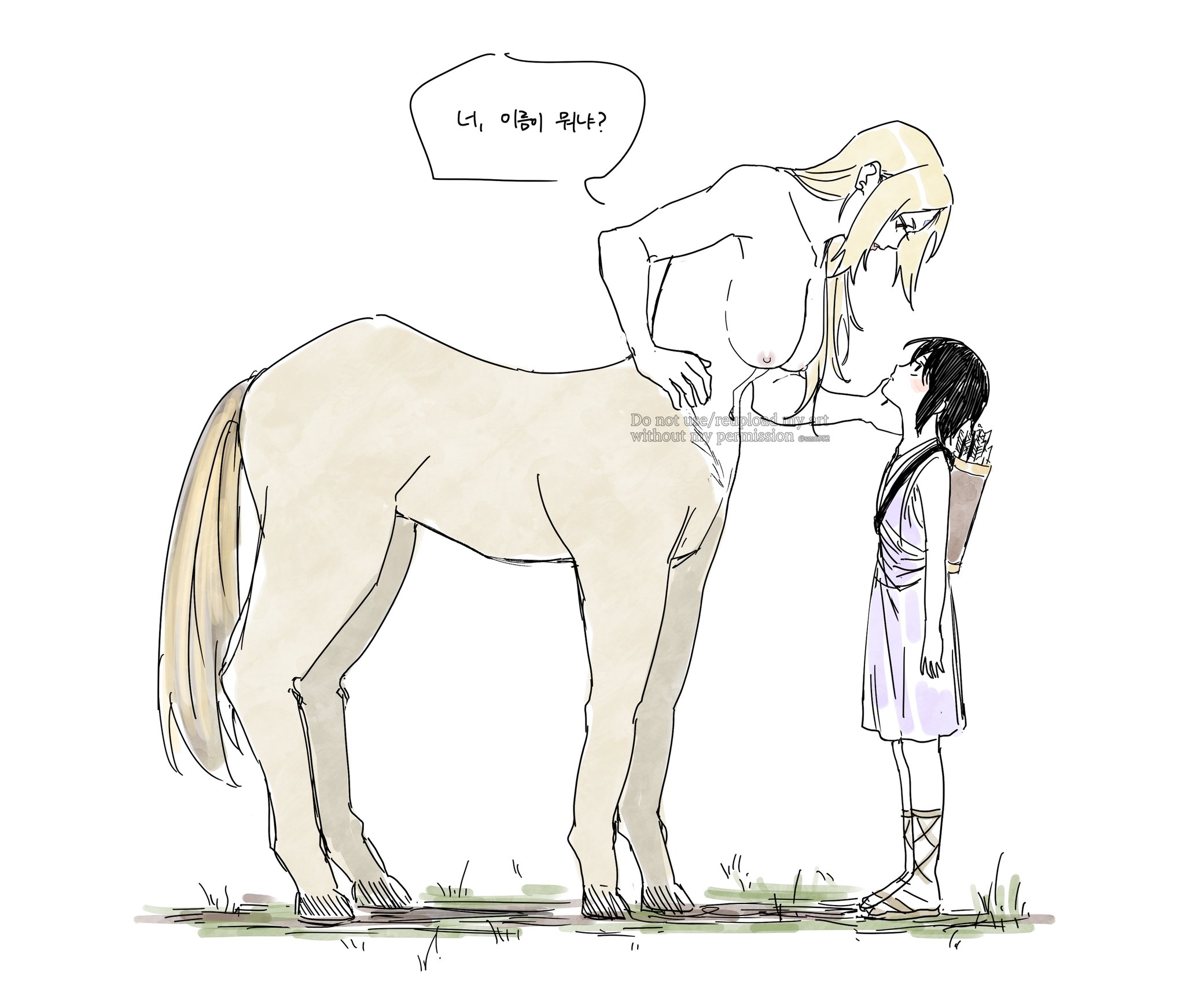 may c, shizune (naruto), tsunade (naruto), naruto (series), commentary request, highres, translation request, 2girls, aged down, arrow (projectile), black hair, blonde hair, breasts, centaur, dress, korean text, large breasts, monsterification, multiple girls, nipples, nude, purple dress, quiver, sandals, short hair, taur, watermark