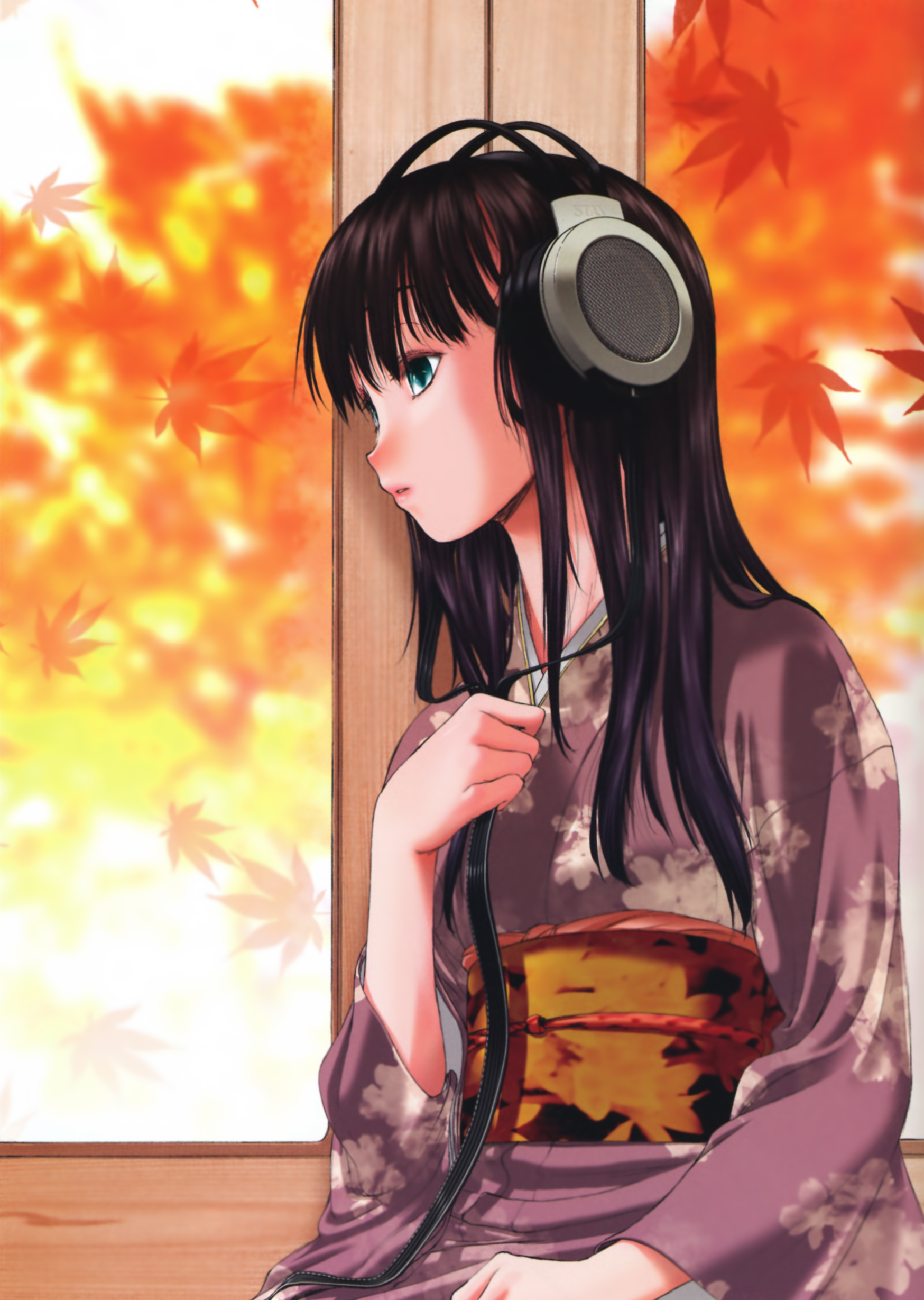 kurogane ken, original, absurdres, highres, 1girl, black hair, female focus, green eyes, headphones, japanese clothes, kimono, leaf, long hair, obi, sash, solo