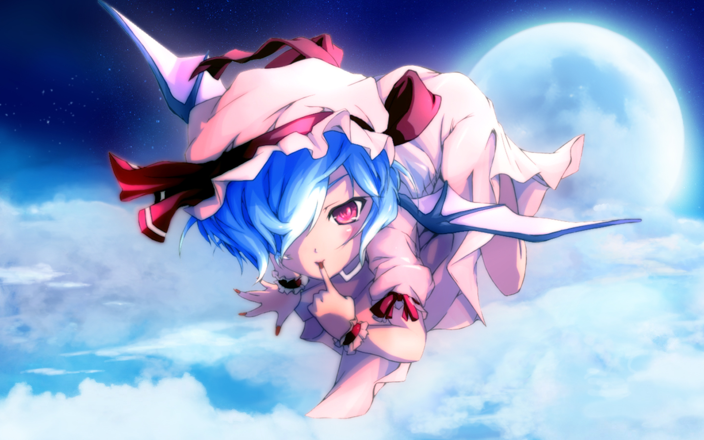 mefix, remilia scarlet, touhou, 1girl, blue hair, female focus, finger to mouth, flying, full moon, hair over one eye, hat, moon, nail polish, red nails, ribbon, short hair, solo, tongue, wings, wrist cuffs