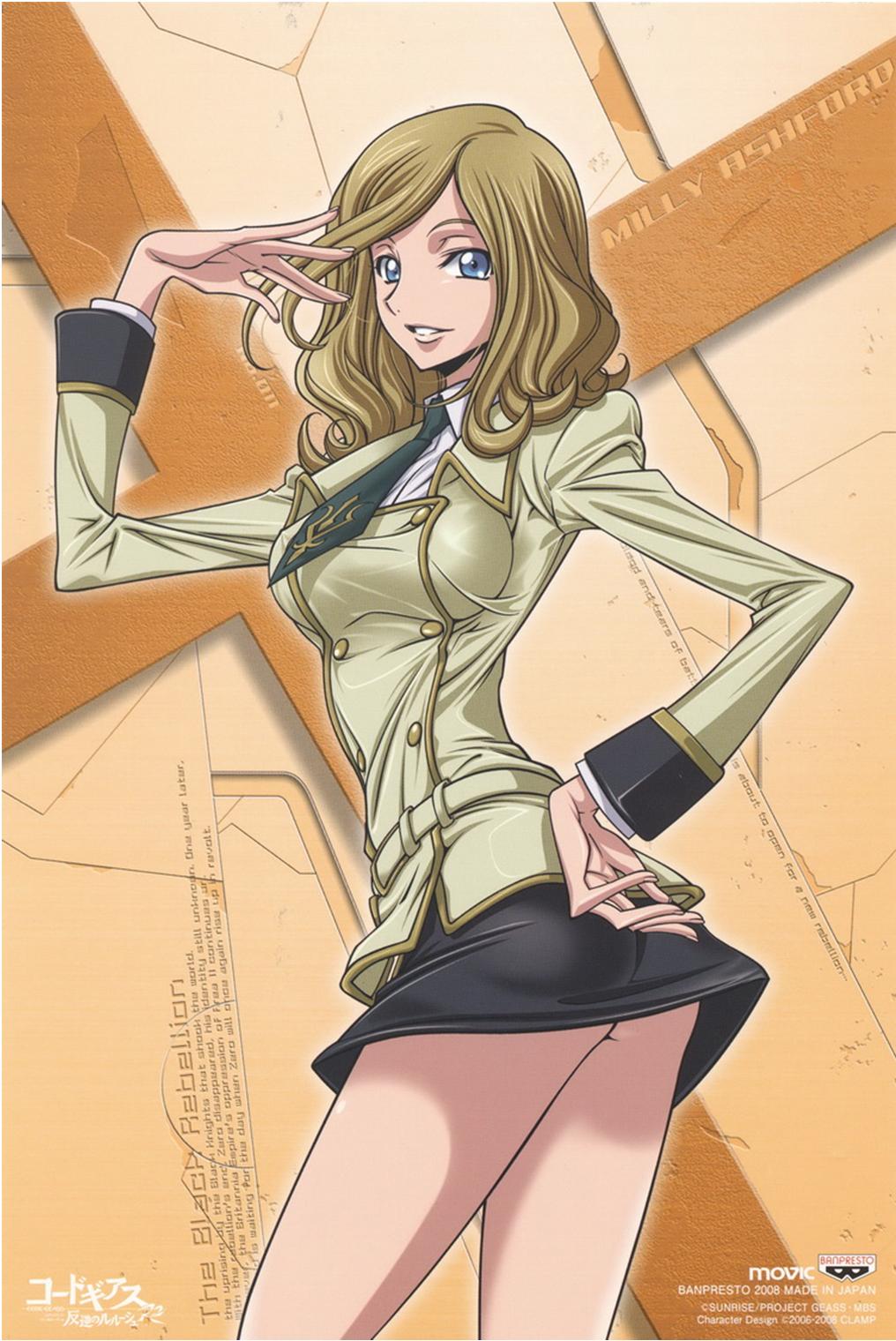 milly ashford, code geass, highres, scan, 00s, 1girl, blonde hair, blue eyes, character name, female focus, long hair, school uniform, smile, solo