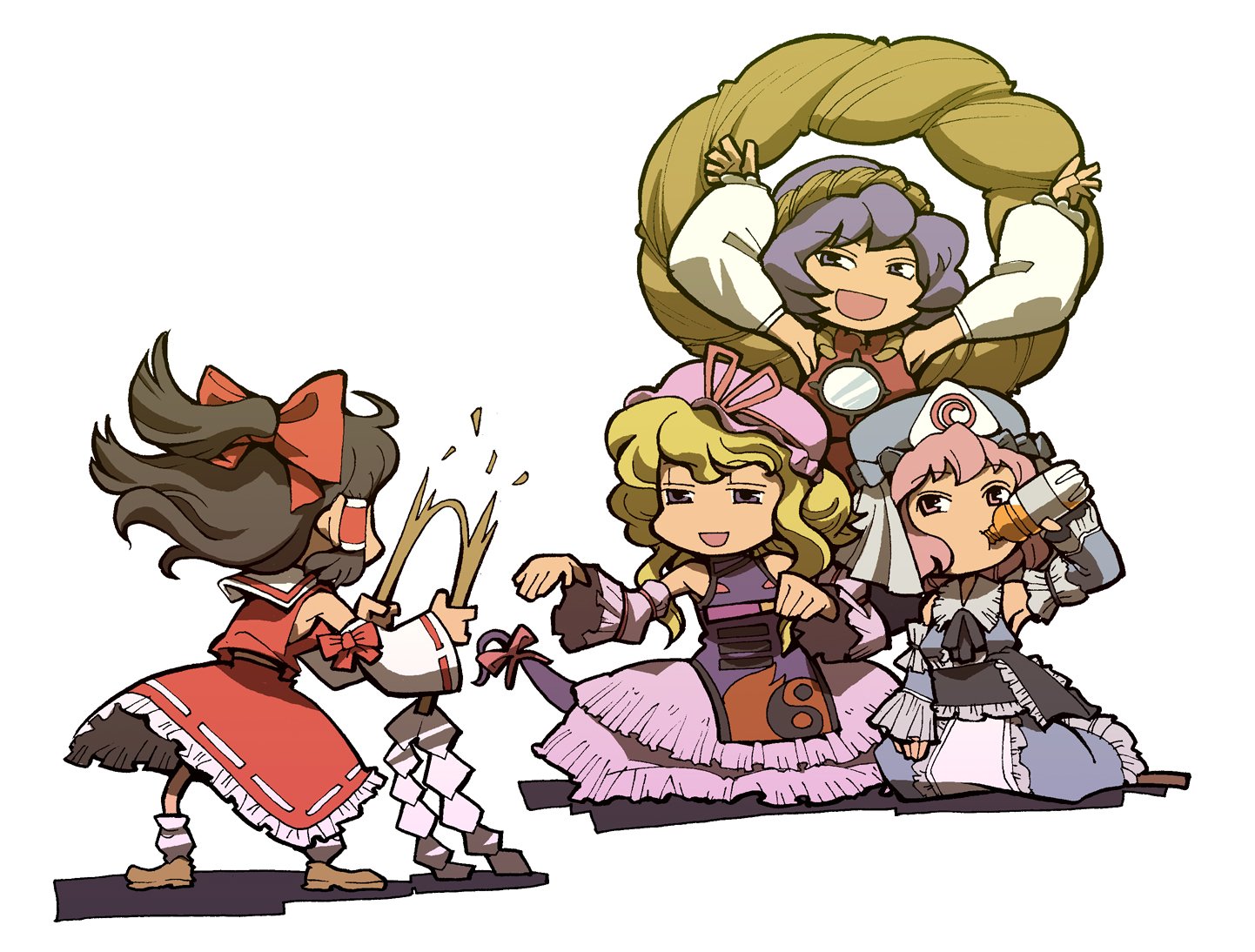 hounori, hakurei reimu, saigyouji yuyuko, yakumo yukari, yasaka kanako, touhou, 4girls, blonde hair, bottle, brown hair, detached sleeves, dress, female focus, gap (touhou), gohei, hat, japanese clothes, miko, mirror, mocking, multiple girls, pink hair, purple hair, ribbon, rope, shimenawa, triangular headpiece